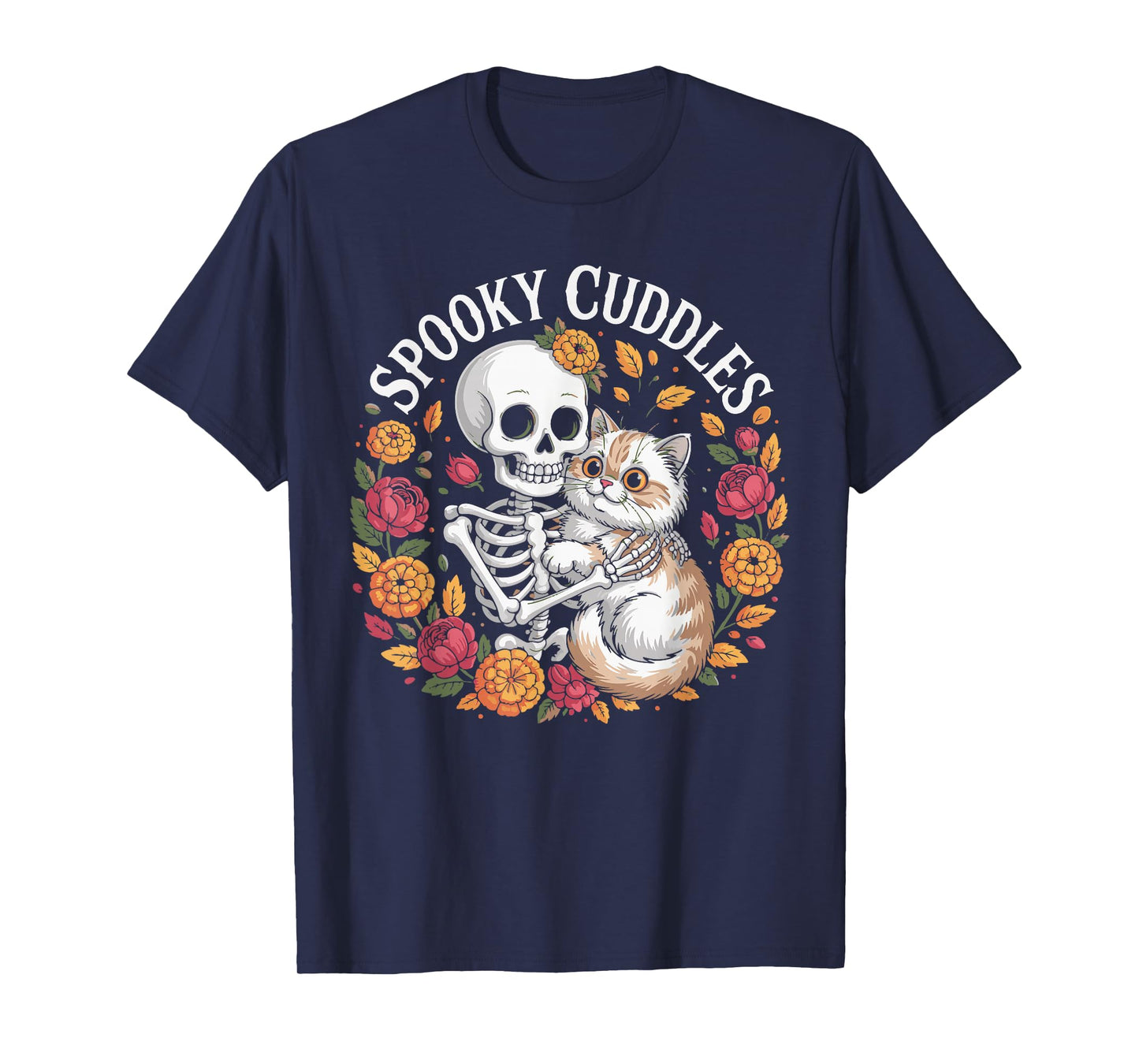 Skeleton Hugging Cat Floral Spooky Halloween Outfit Women T-Shirt