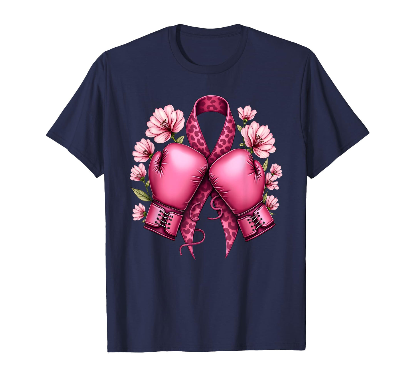Leo Print Pink Ribbon Boxing Gloves Breast Cancer Awareness T-Shirt