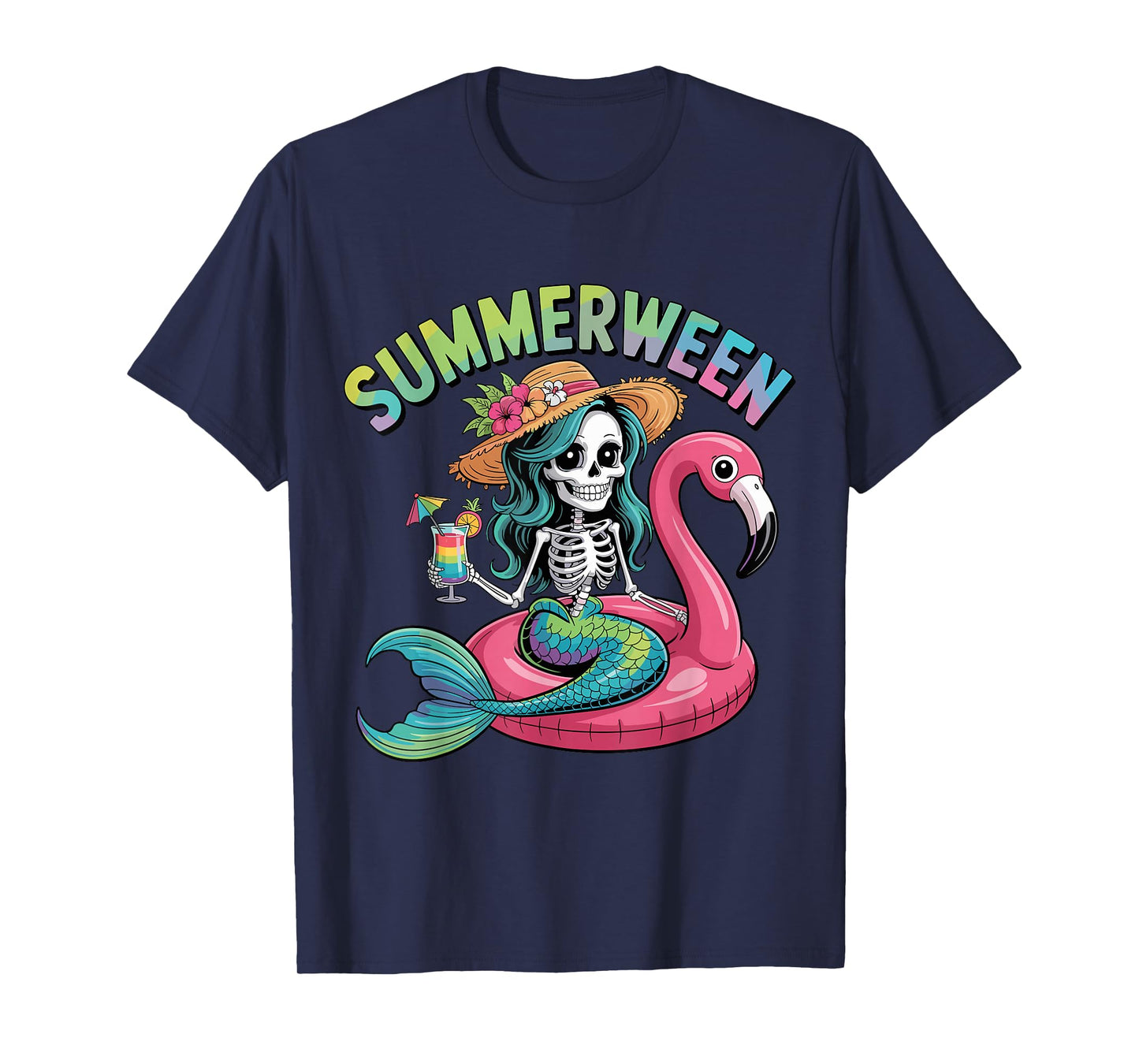 Mermaid Skeleton Flamingo Float Halloween Beach T-Shirt