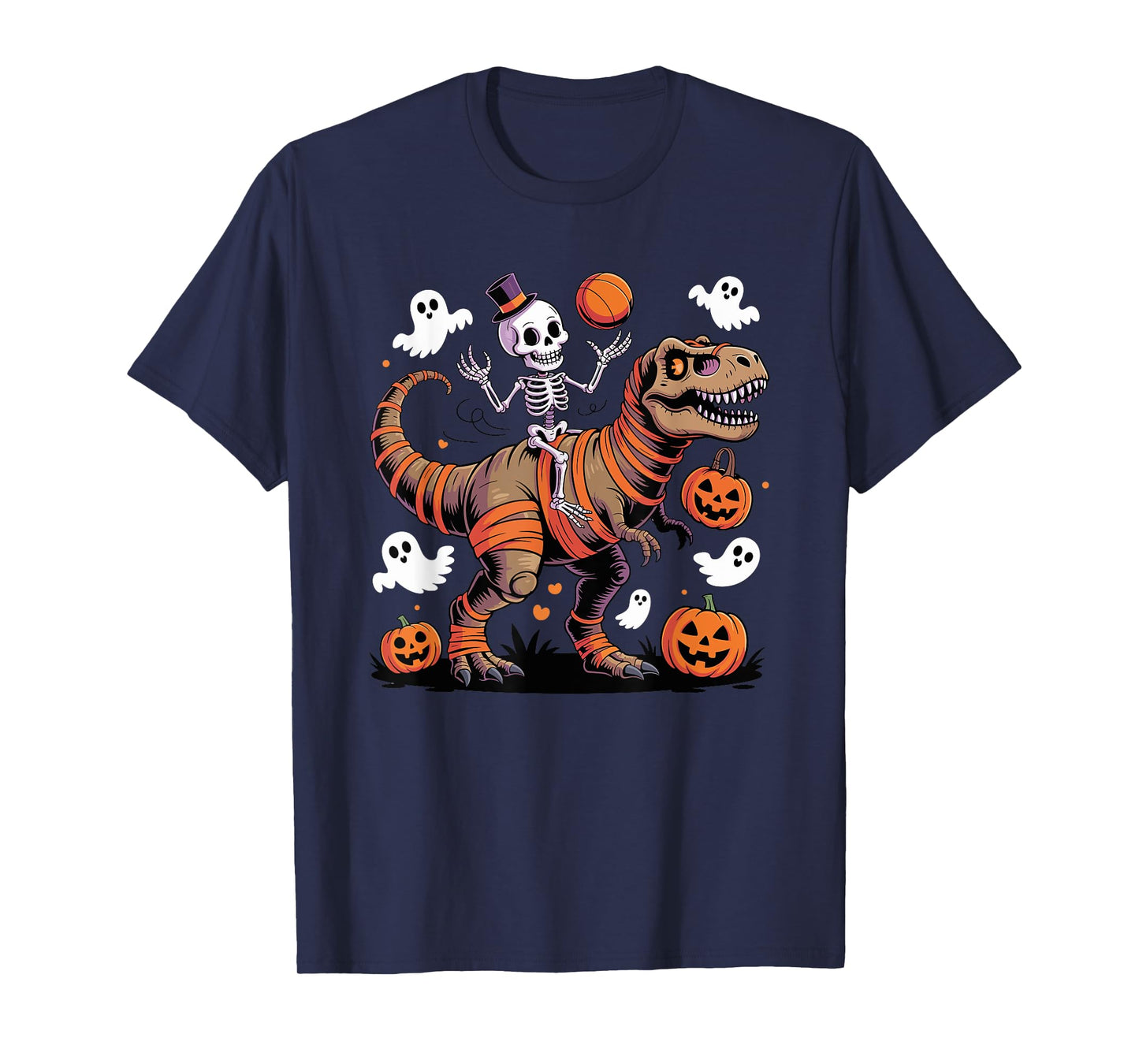Basketball Skeleton Riding Mummy Dinosaur T-Rex Halloween T-Shirt