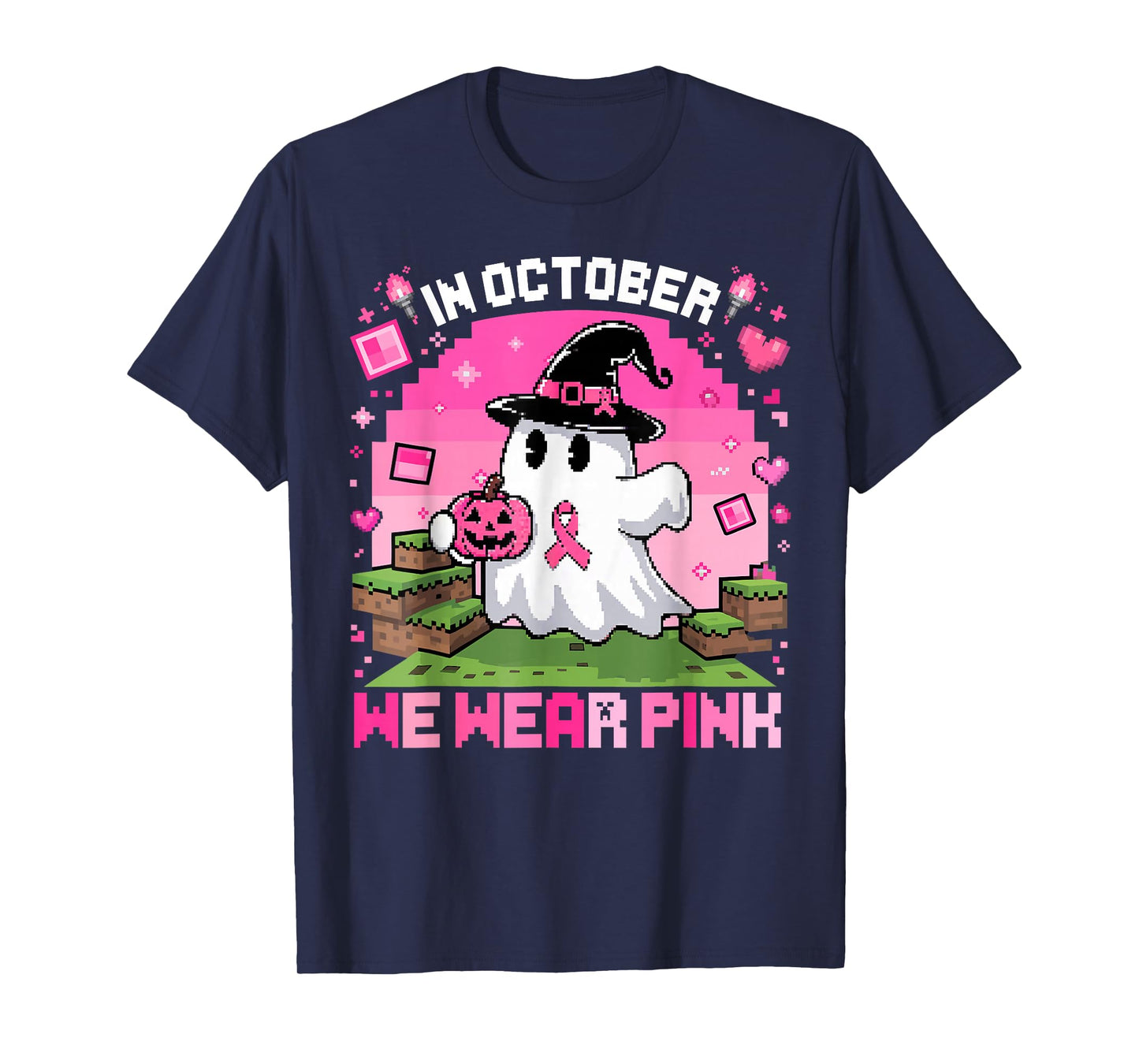 in October We Wear Pink Ghost Witch Halloween Breast Cancer T-Shirt
