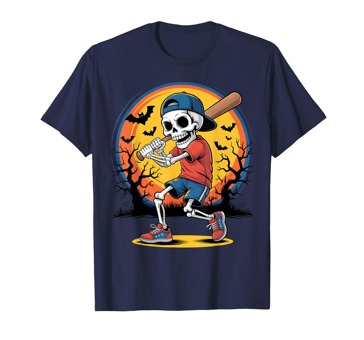 Skeleton Baseball Kid Halloween Pumpkin Sport Costume T-Shirt