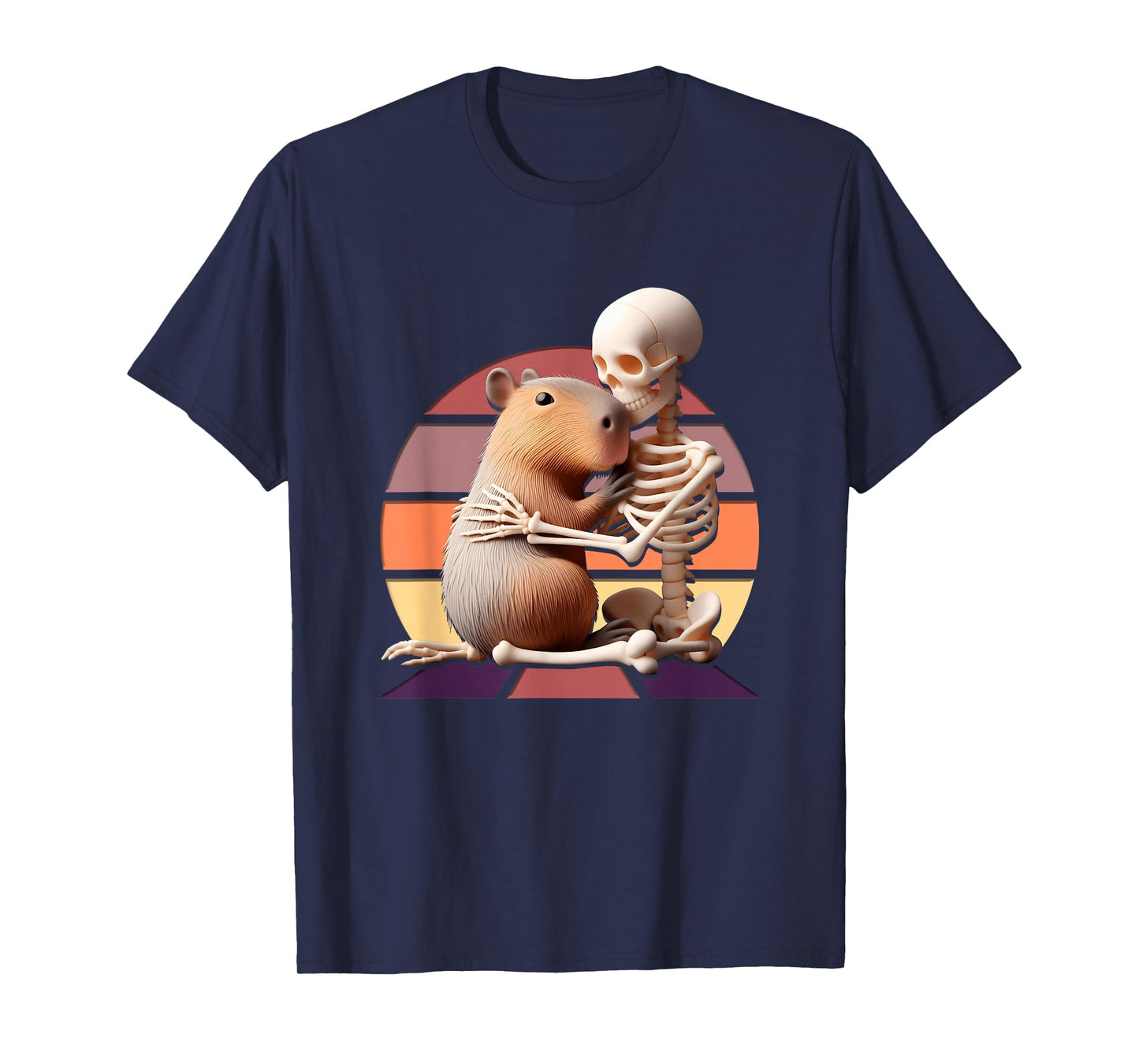 Capybara Hugging Skeleton Retro Warm Colors Halloween T-Shirt