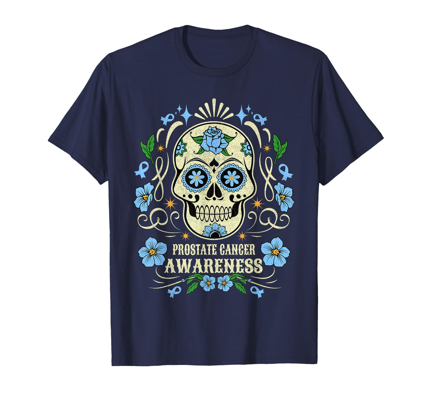 Skull Flower Prostate Cancer Awareness Retro Blue Ribbon T-Shirt