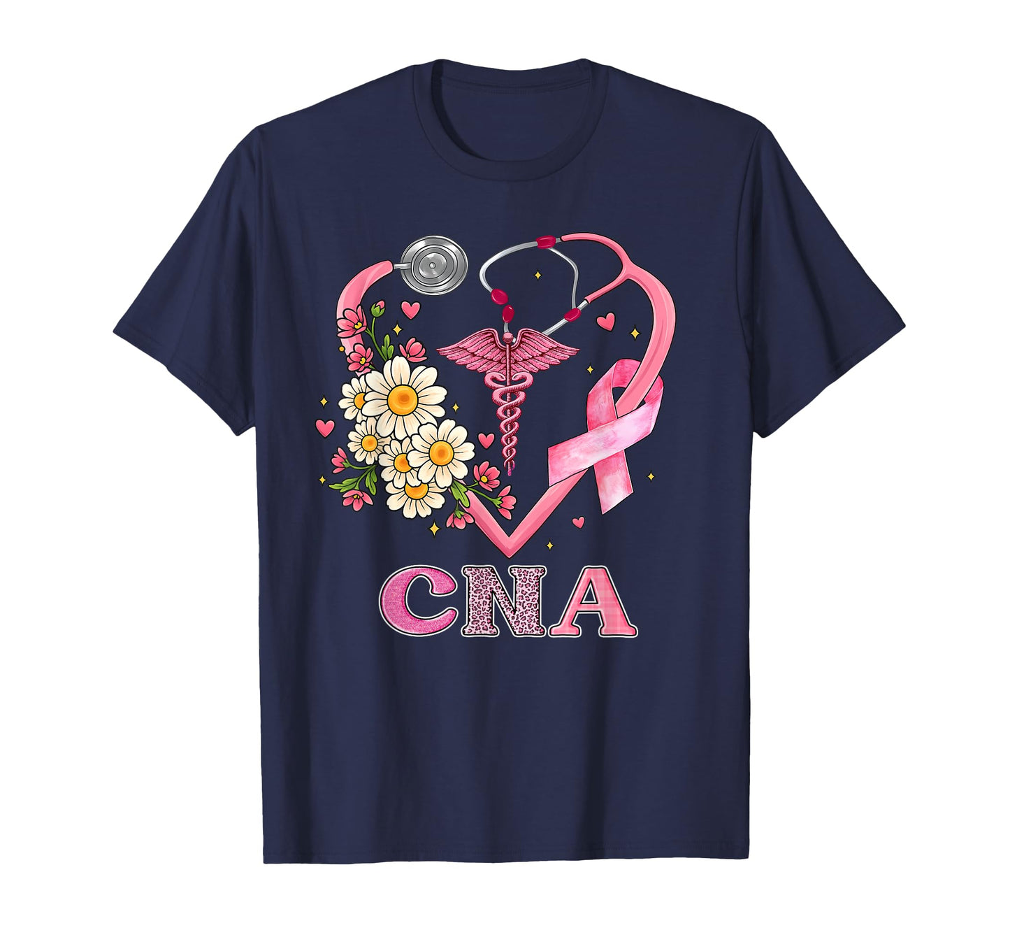 CNA Heart Pink Ribbon Stethoscope Breast Cancer Awareness T-Shirt