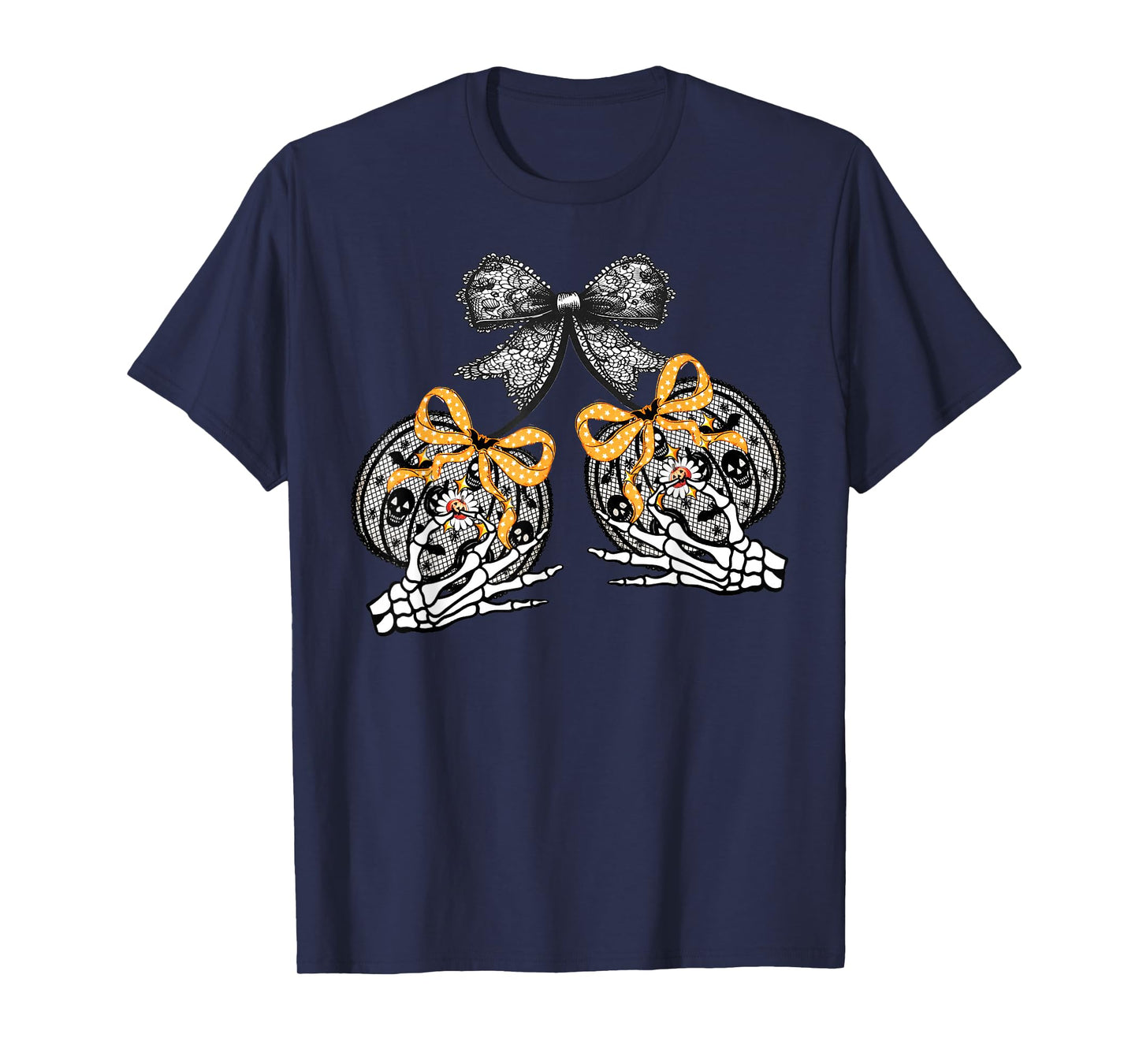 Funny Pumpkin Cherries Skeleton Lace Coquette Bow Halloween T-Shirt