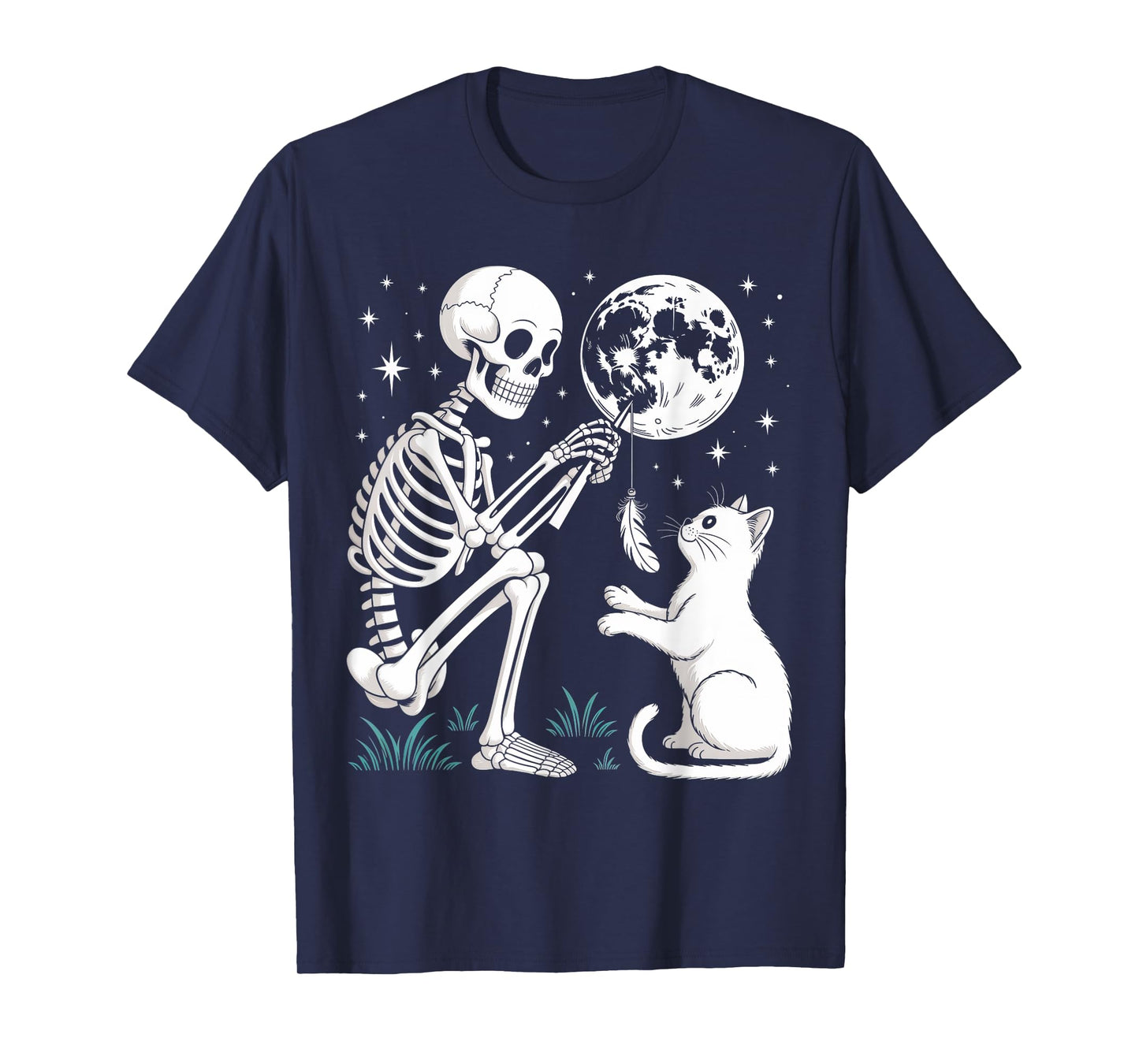 Skeleton Cat Moon Night Halloween Funny Cute Men Women Girls T-Shirt