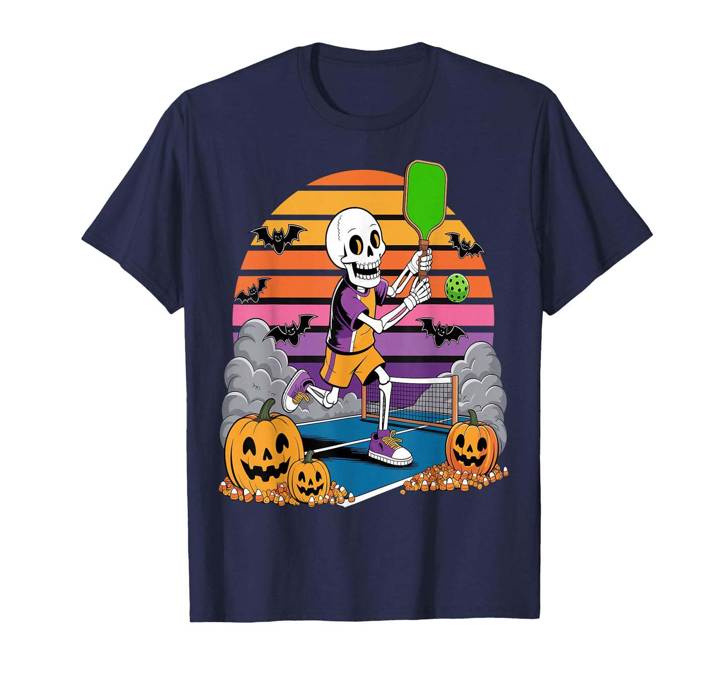 Pumpkin Skeleton Halloween Pickleball Spooky Sports T-Shirt