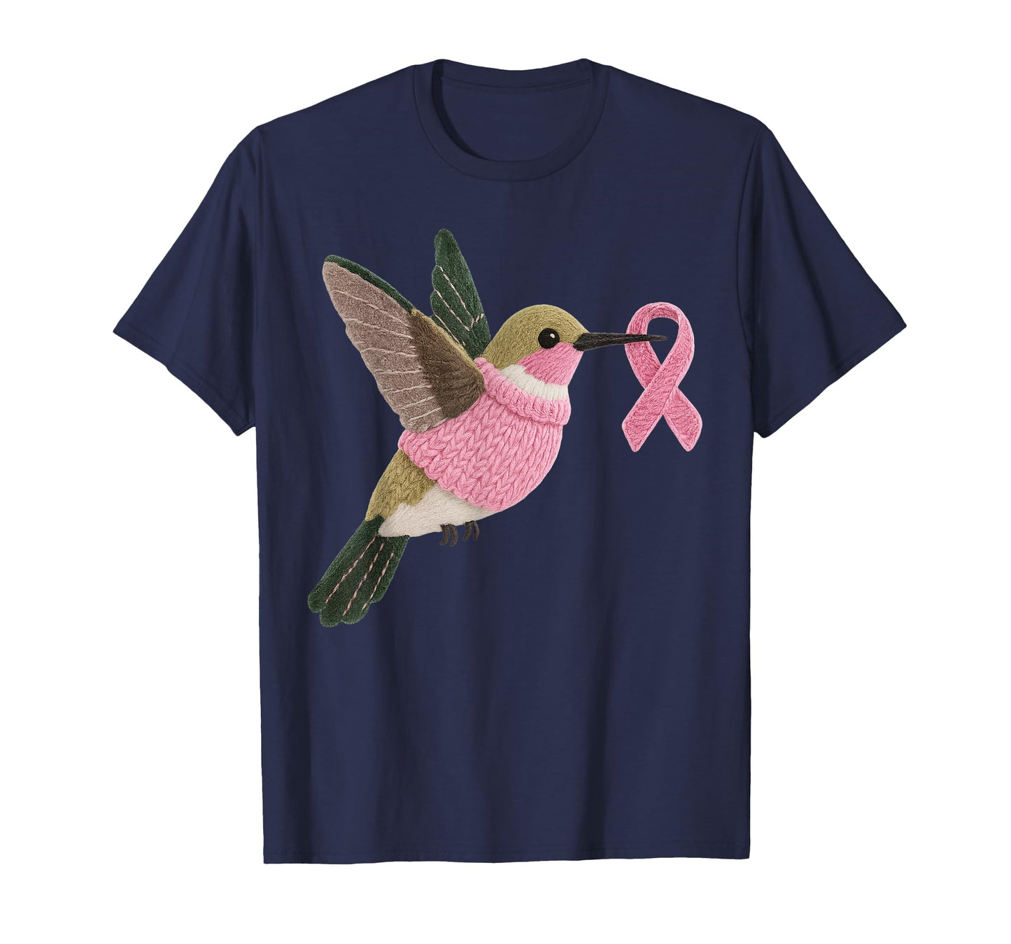 Hummingbird Pattern Felt Art Pink Ribbon Breast Cancer T-Shirt