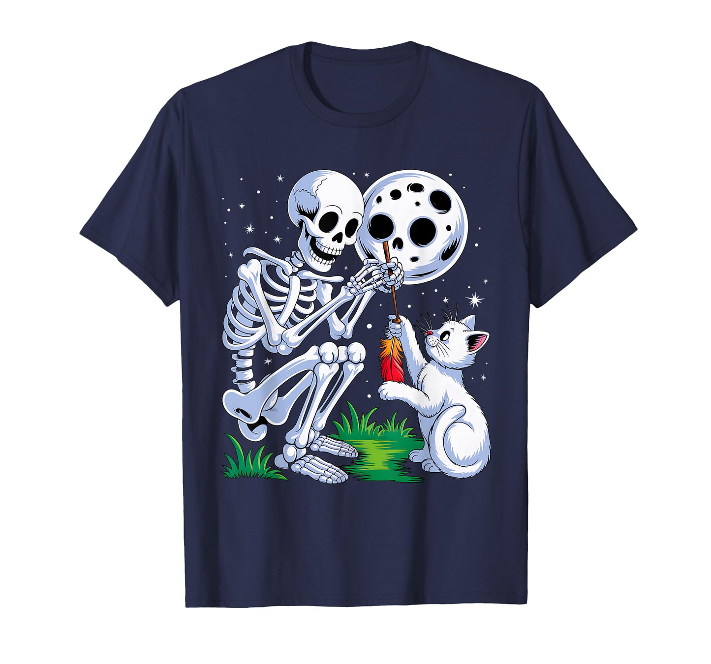 Skeleton Cat Moon Night Halloween Funny Cute Men Women Girls T-Shirt