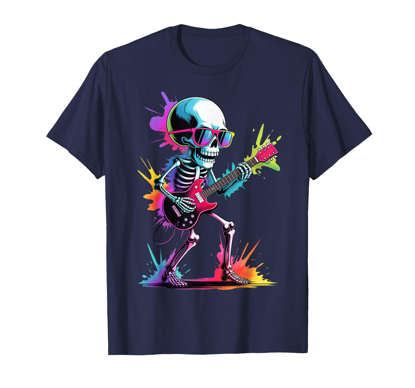 Skeleton Playing Guitar Poster Style Colorful Paint Splatter T-Shirt