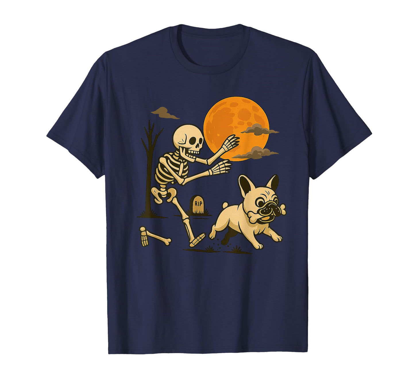 Skeleton Chasing French Bulldog Halloween Dog Mom Pet Lover T-Shirt