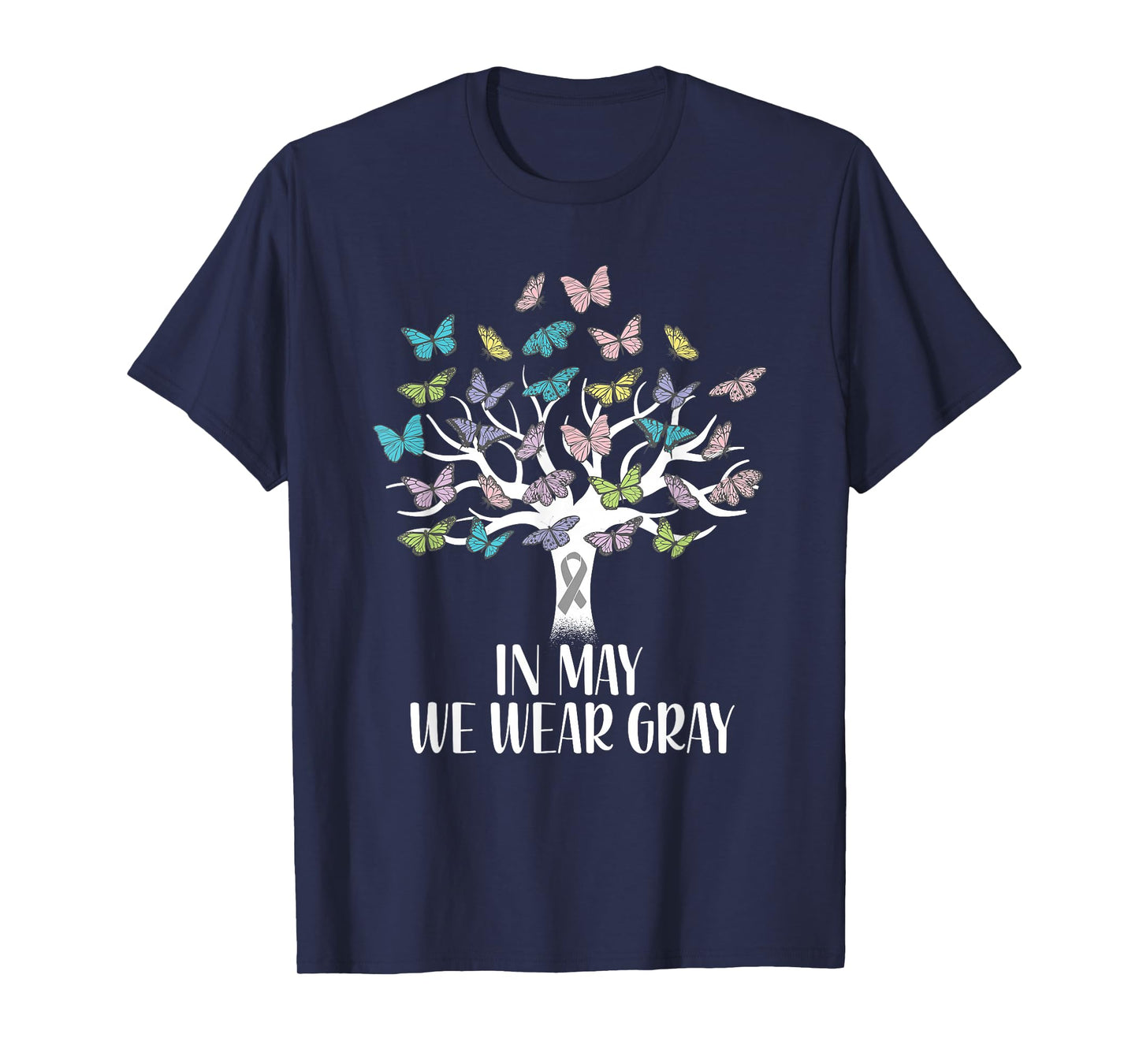 In May We Wear Gray Brain Cancer Awareness Butterfly Tree T-Shirt