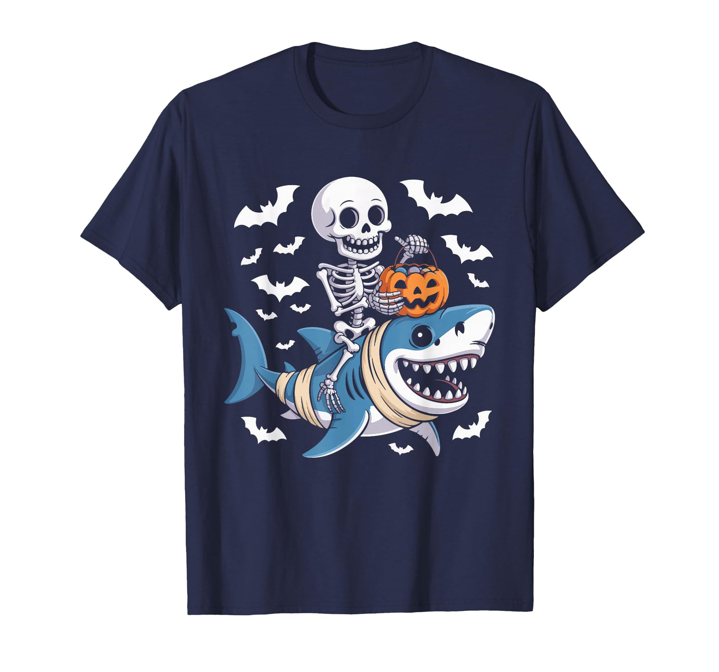 Skeleton Riding Mummy Shark Funny Halloween Pumpkin T-Shirt