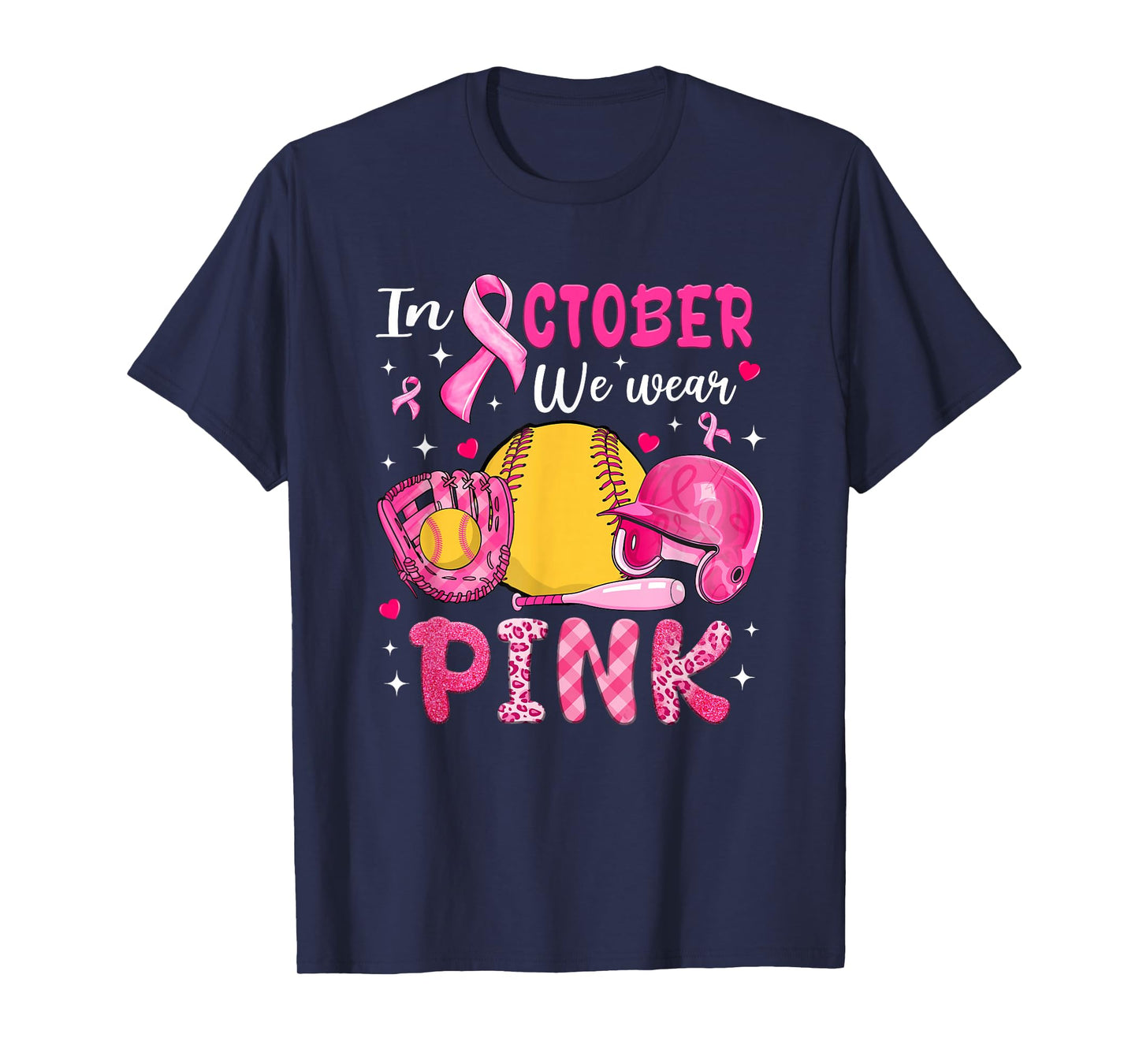 in October We Wear Pink Softball Breast Cancer Awareness T-Shirt