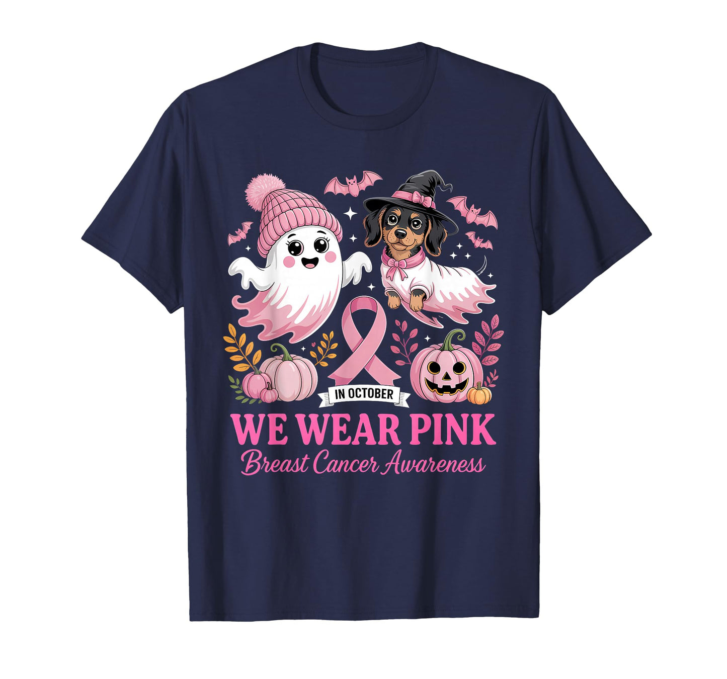 in October We Wear Pink Ghost Dachshund Breast Cancer T-Shirt