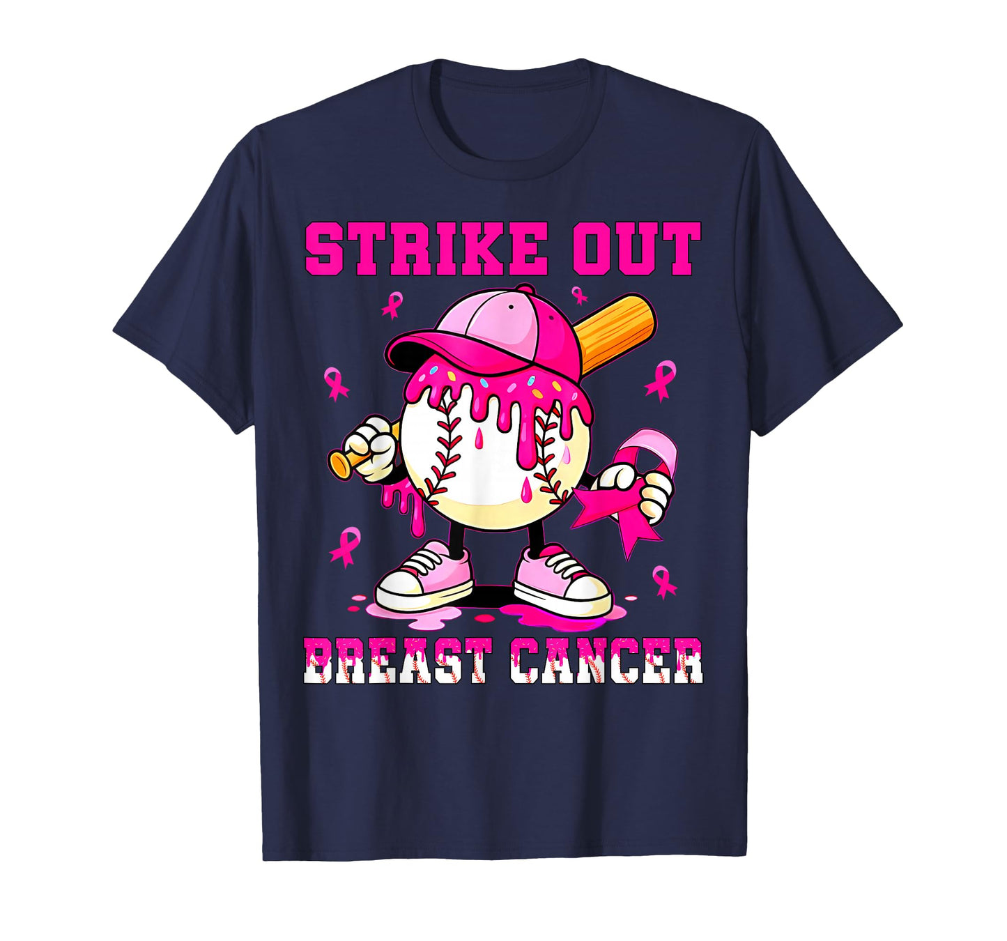 Strike Out Breast Cancer Awareness Baseball Drip Pink Ribbon T-Shirt