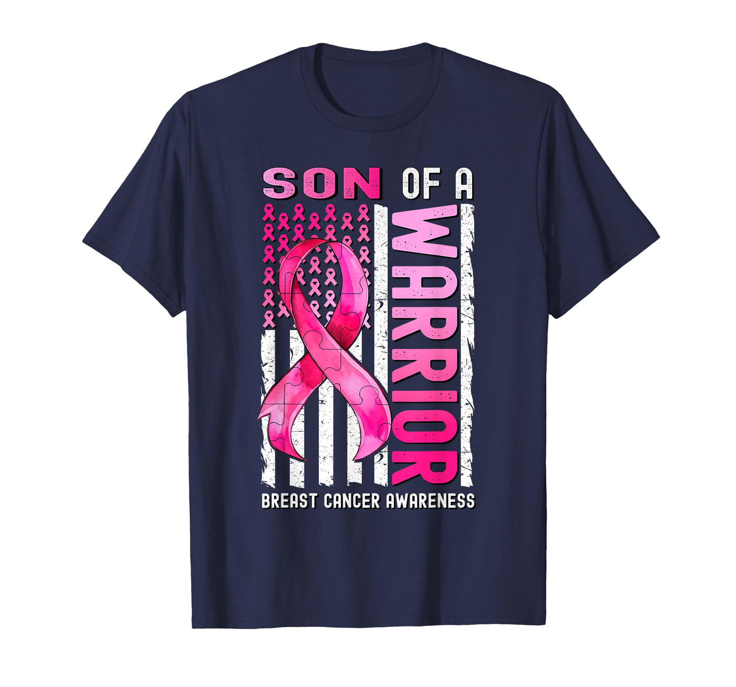 Son Of A Warrior Breast Cancer USA Flag Awareness Pink T-Shirt