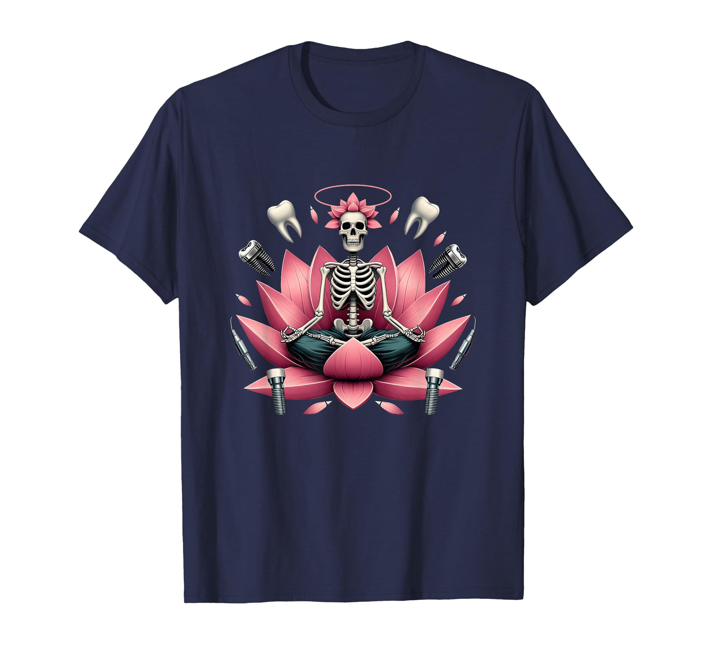 Skeleton Yoga Meditation Lotus Flower Teeth Dental Implants T-Shirt