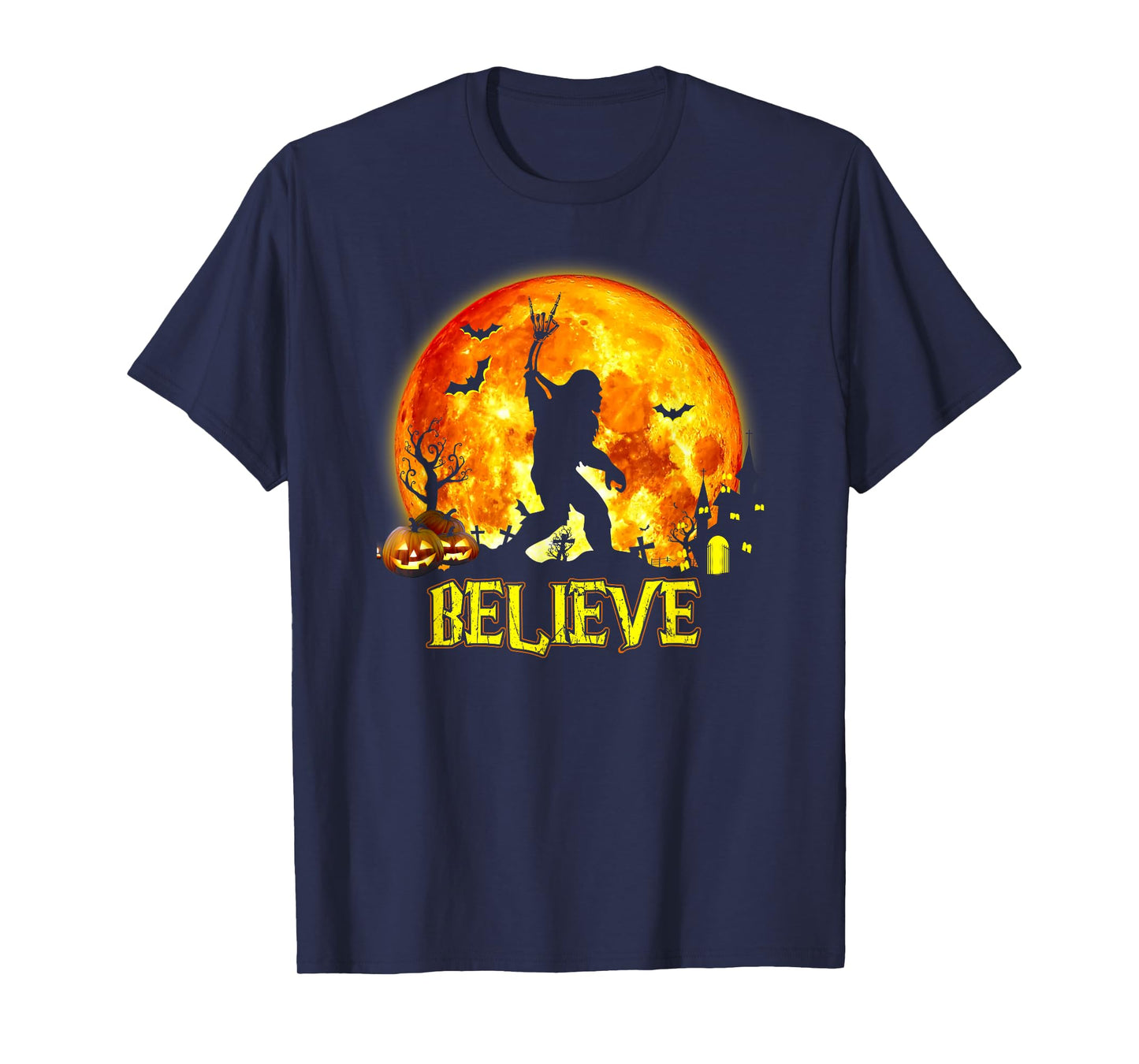 Believe Bigfoot Rock On Halloween Skeleton Hand Sasquatch T-Shirt