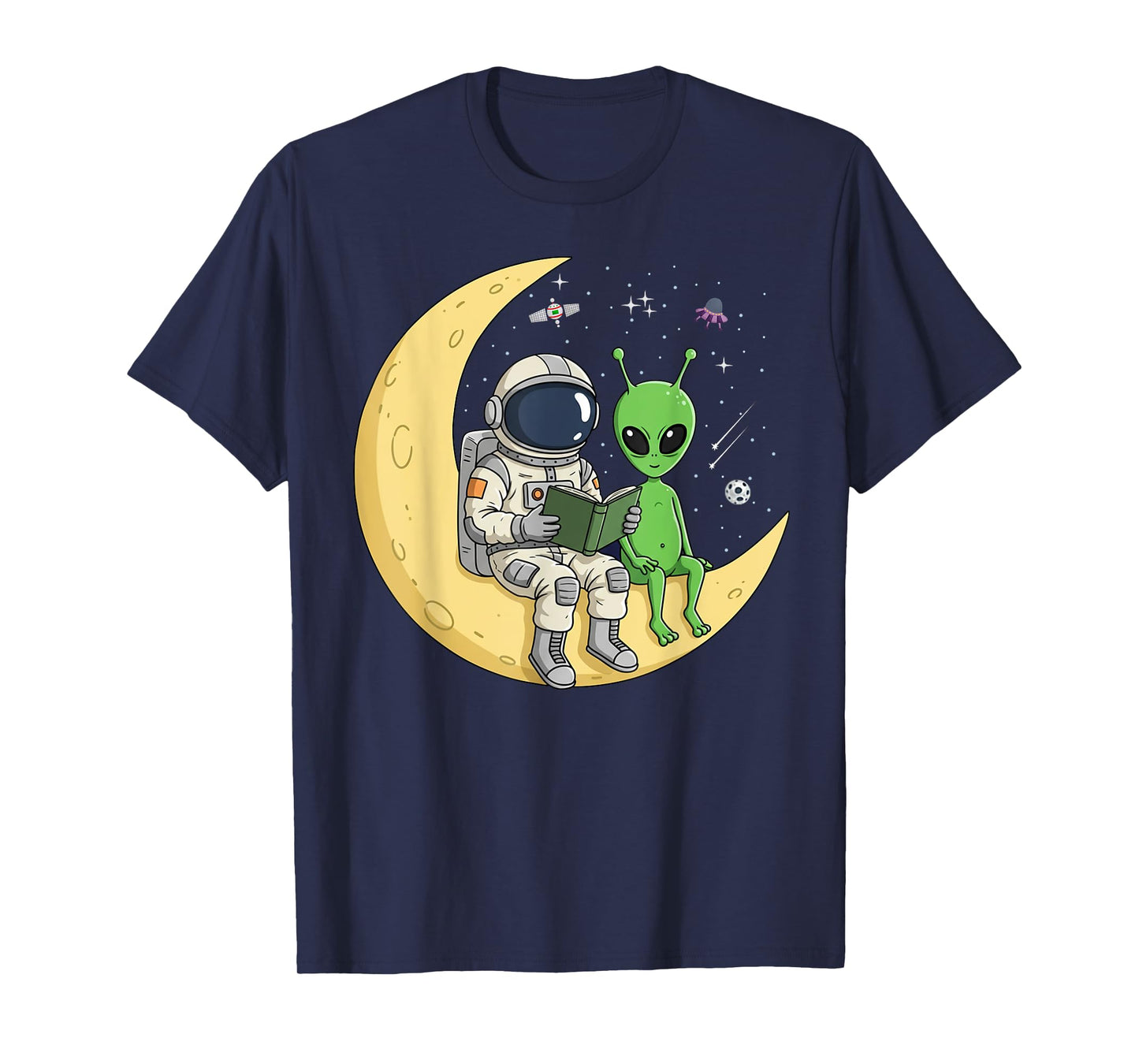 Astronaut Reading Book To Alien Moon Space Women Kids Men T-Shirt