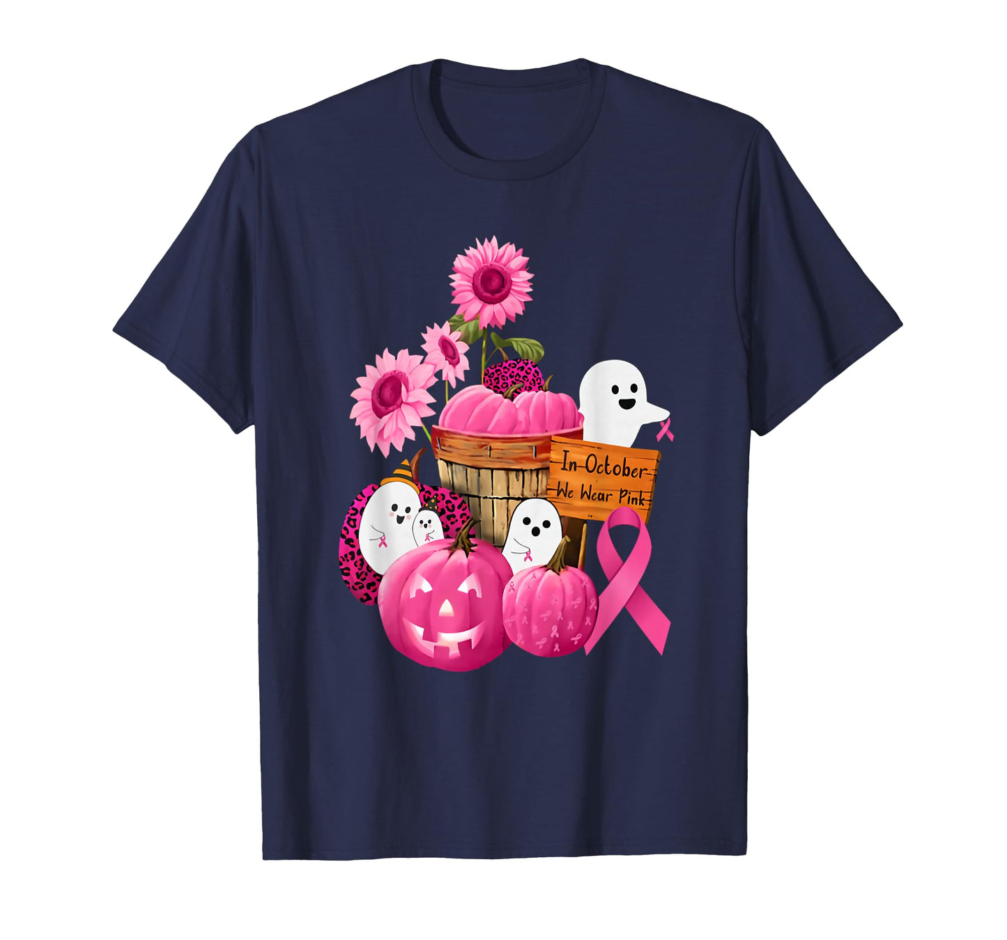 In October We Wear Pink Ghosts & Pumpkins For Breast Cancer T-Shirt
