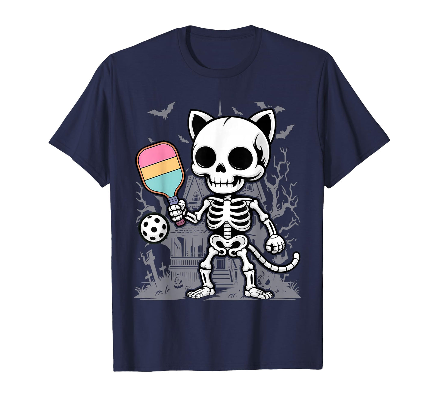 Funny Scary Pickleball Cat Skeleton Playing On Halloween T-Shirt