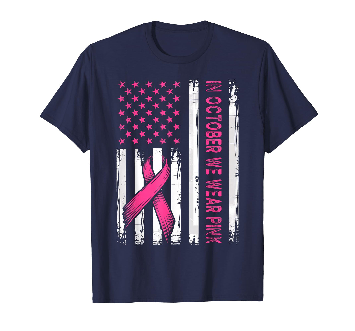in October We Wear Pink Vintage American Flag T-Shirt