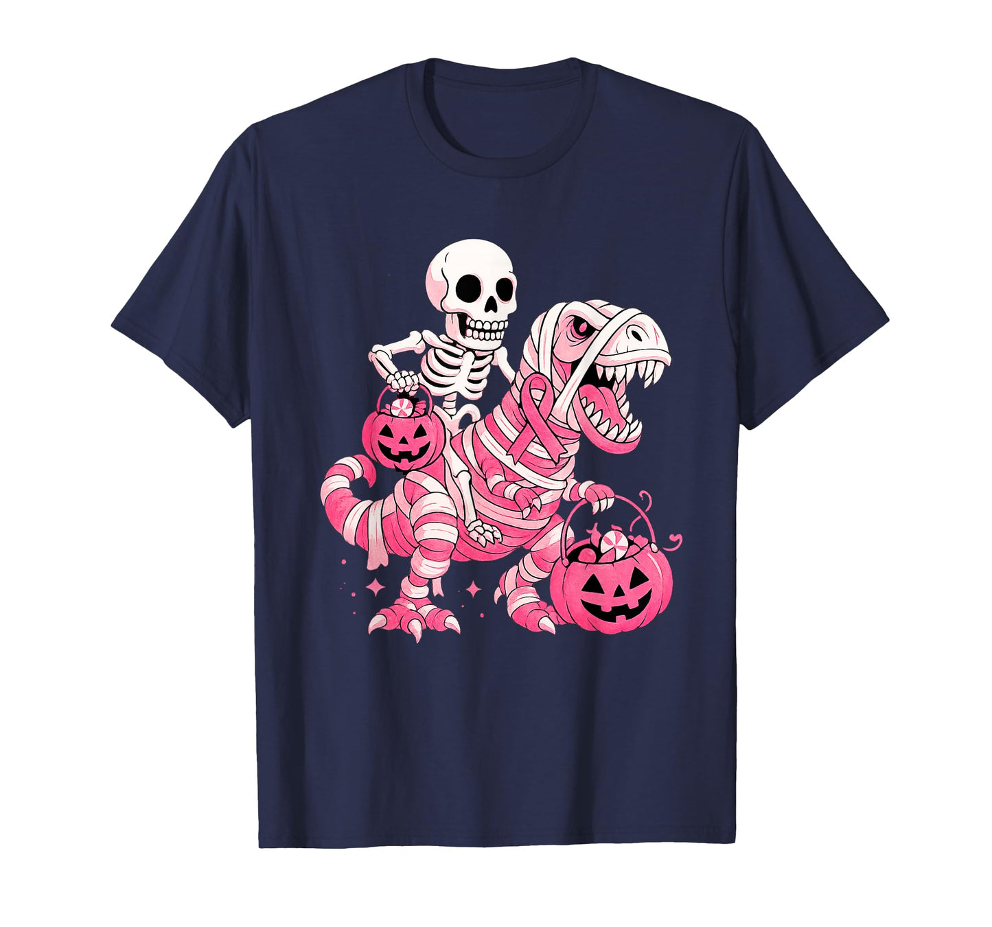 Skeleton Riding Mummy Dinosaur T Rex Pumpkin Breast Cancer T-Shirt