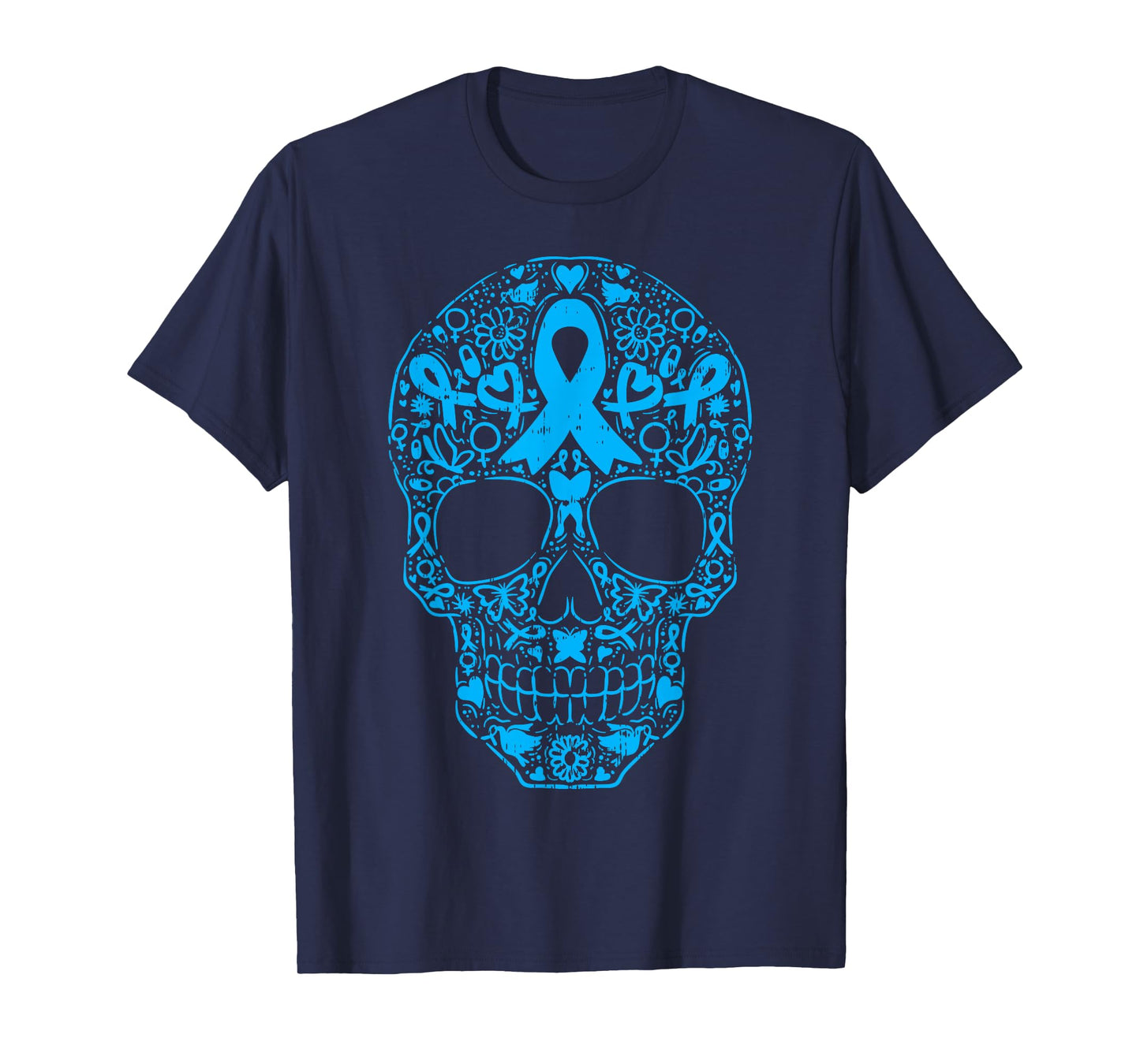 Sugar Skull Light Blue Ribbon Prostate Cancer Awareness T-Shirt