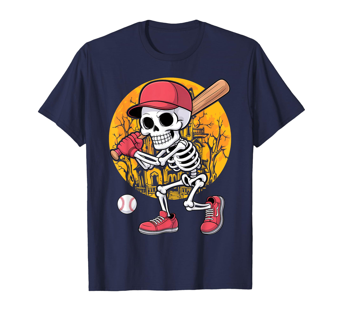 Skeleton Men Boys Baseball Halloween T-Shirt