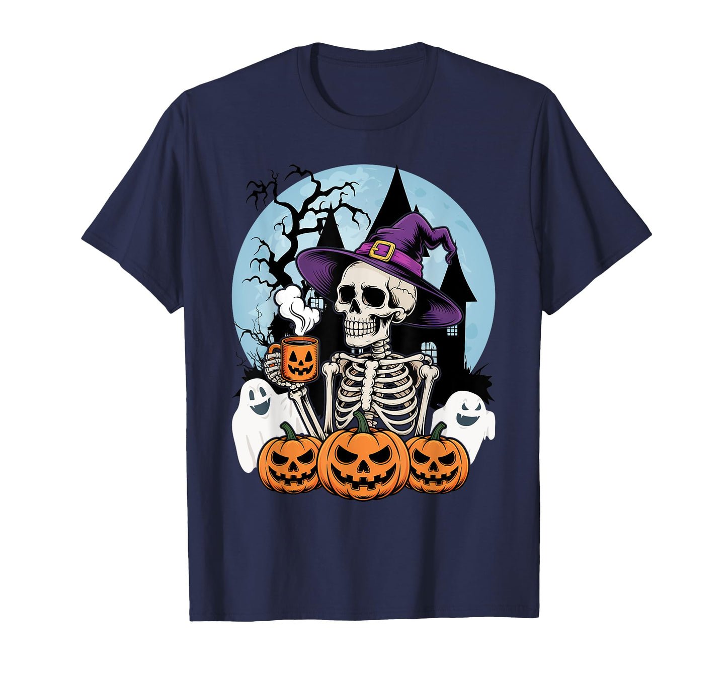 Skeleton Drinking Coffee Halloween Costume Pumpkin Ghost T-Shirt