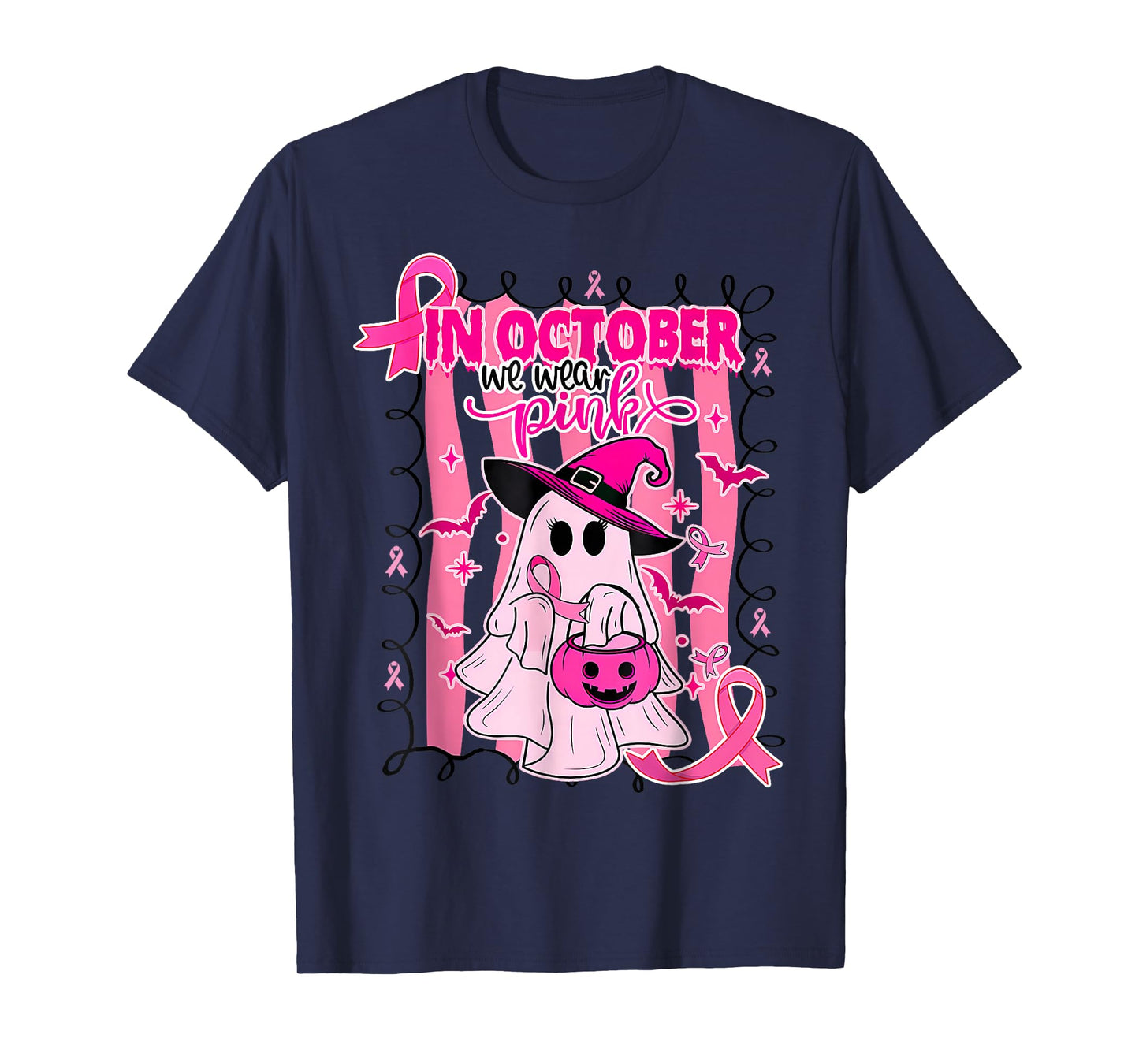 In October We Wear Pink Ghost Witch Breast Cancer Awareness T-Shirt