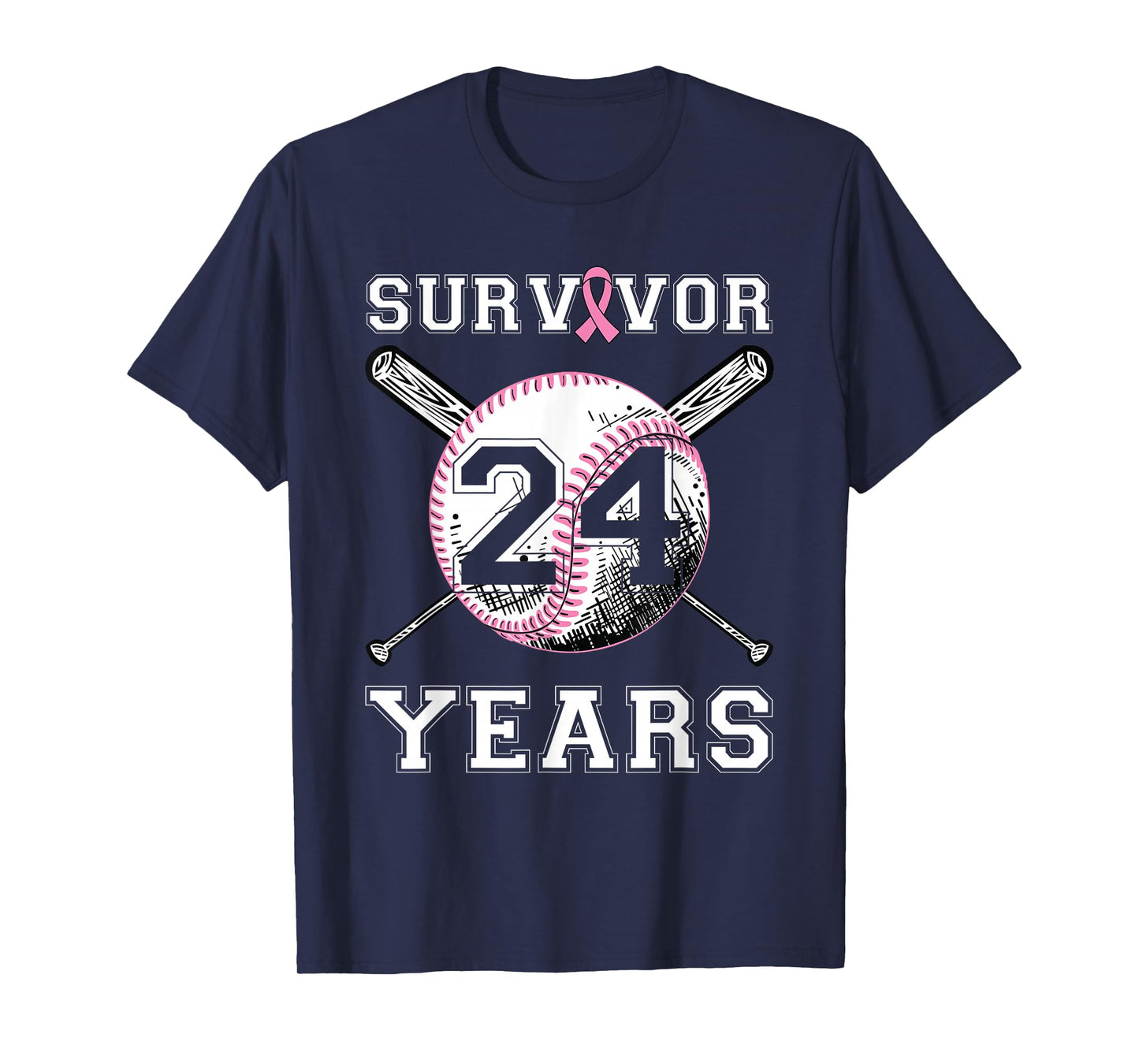 24 Year Survivor Breast Cancer Baseball Pink Ribbon T-Shirt