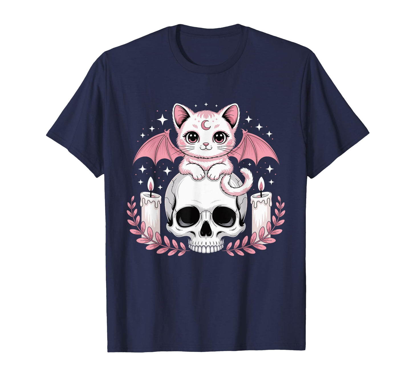 Cute Pink Bat Cat Sitting On Skull Skeleton Candles Design T-Shirt