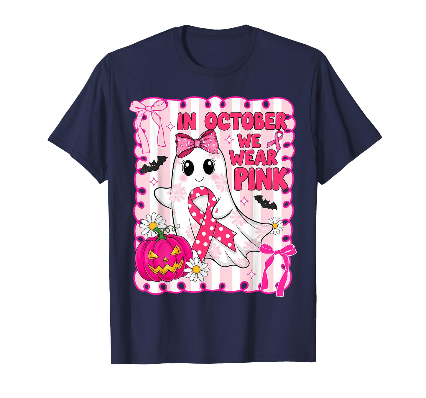 in October We Wear Pink Ribbon Breast Cancer Ghost Halloween T-Shirt