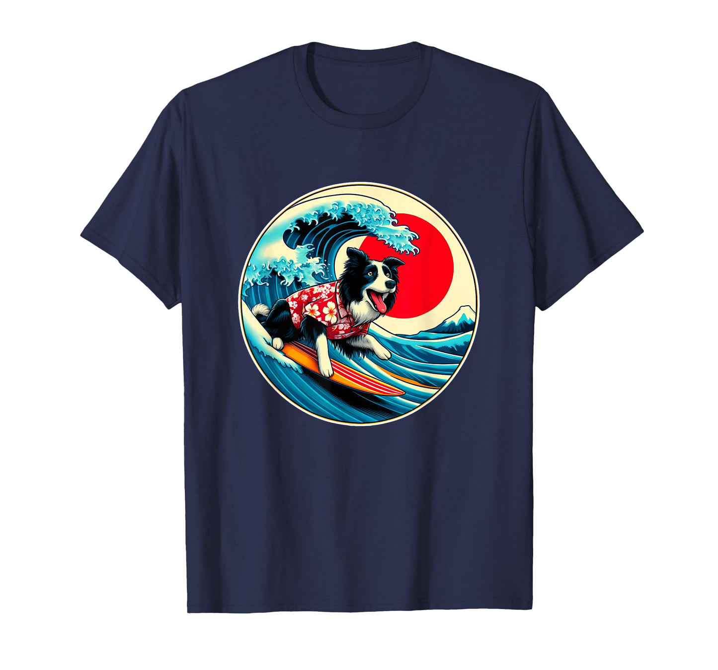 Great Wave Kanagawa Border Collie dog Surfing T-Shirt for Men Women Kids