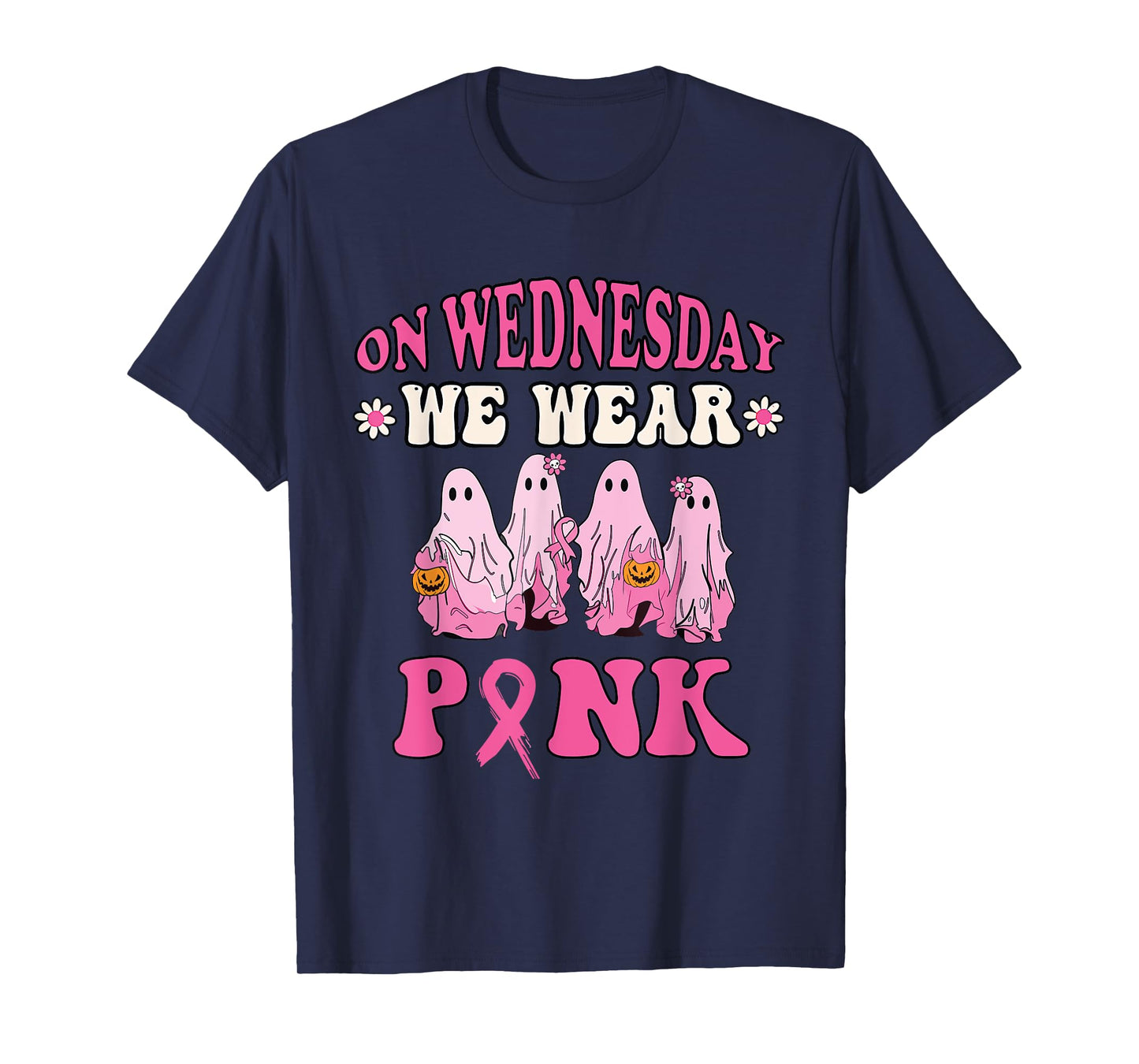 On Wednesday We Wear Pink Cute Ghost Halloween Breast Cancer T-Shirt