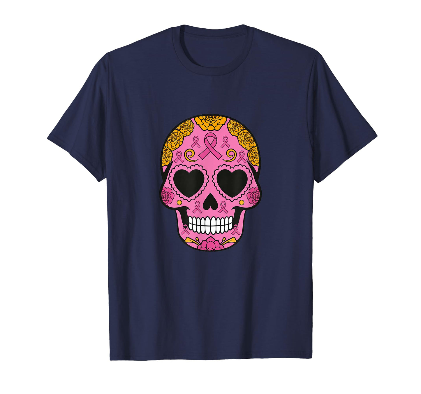 Sugar Skull Breast Cancer Awareness Pink Ribbon Calavera T-Shirt