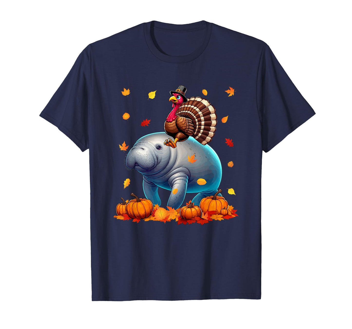 Turkey Riding Manatee Thanksgiving Fall Leaves Pumpkins T-Shirt