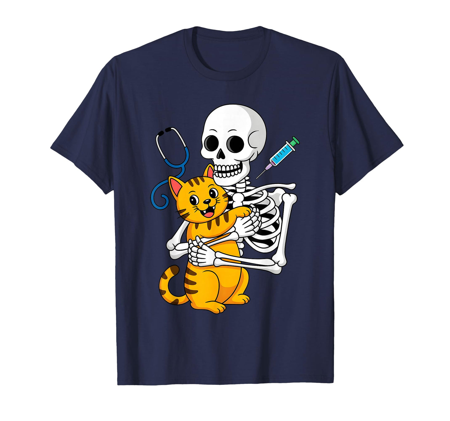 Skeleton Hugging Cat Funny Vet Cat Lover Halloween Men Women T-Shirt