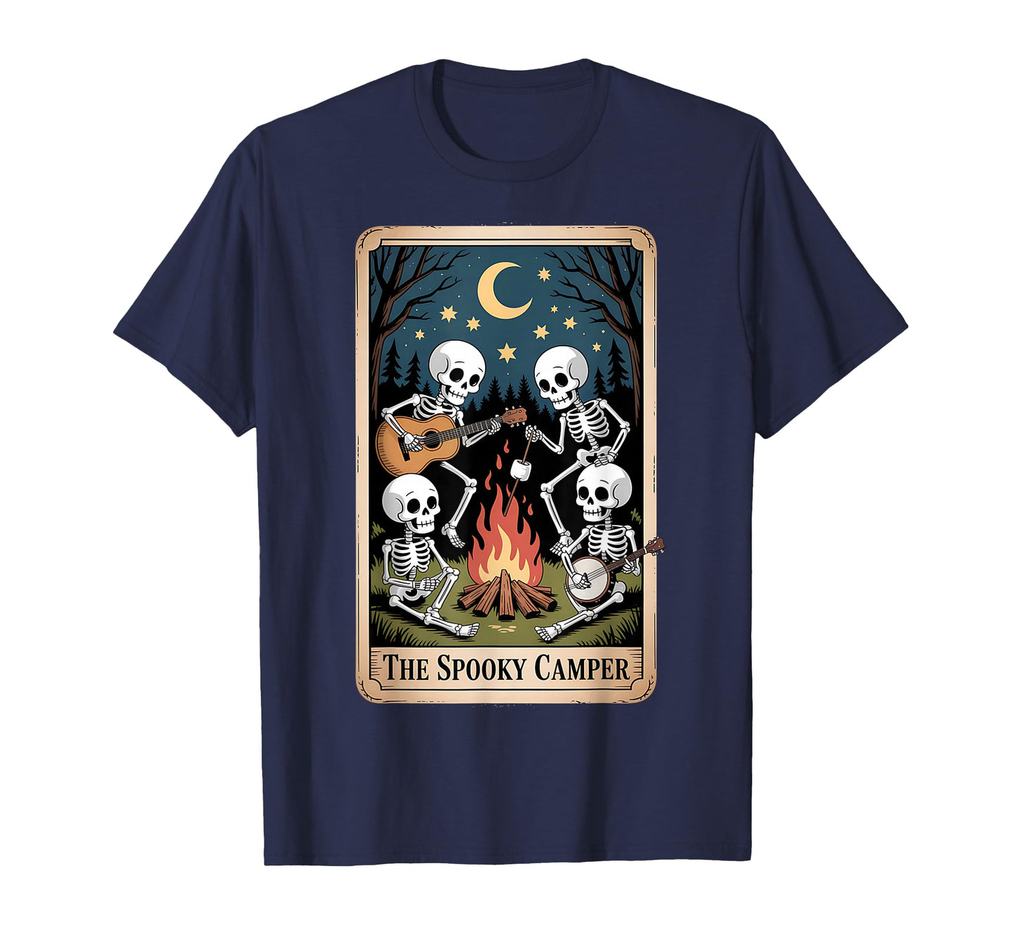 Spooky Skeleton Camper Halloween Night Campfire Funny Tarot T-Shirt