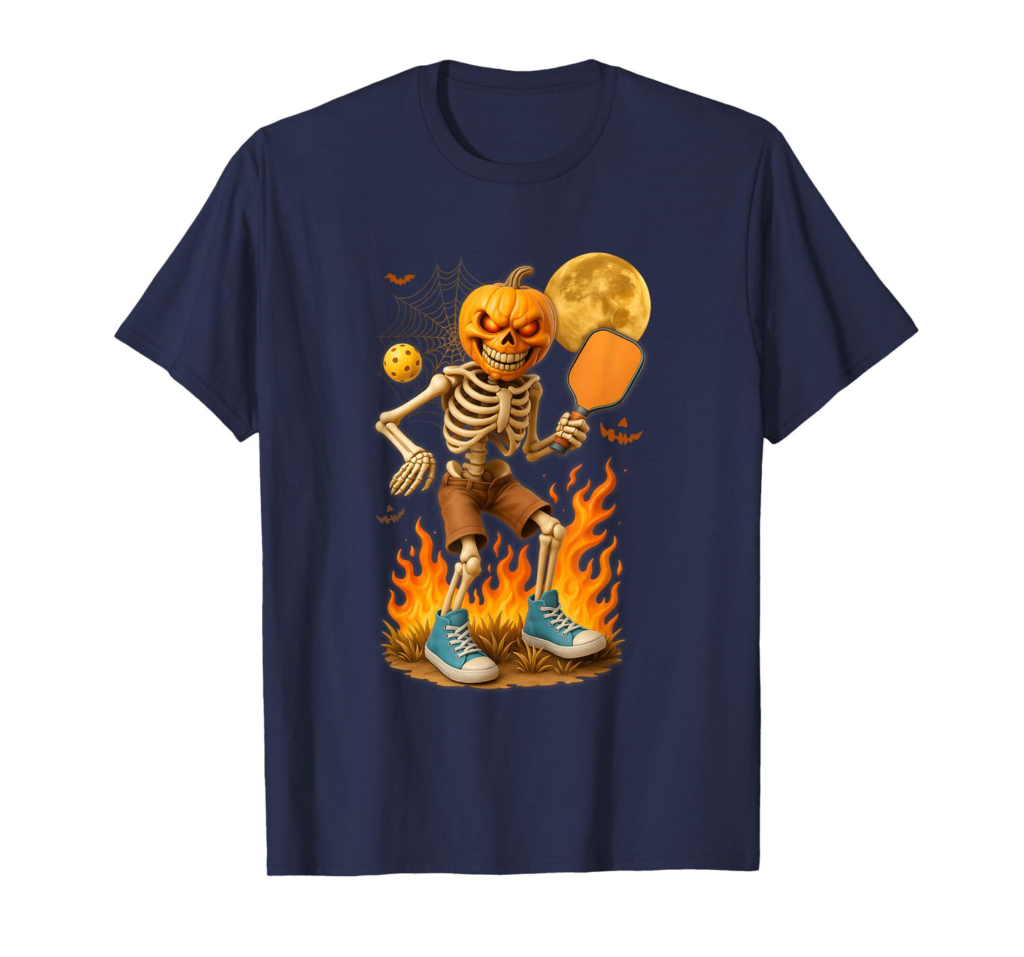 Pumpkin Head Skeleton Playing Pickleball Sports Halloween T-Shirt