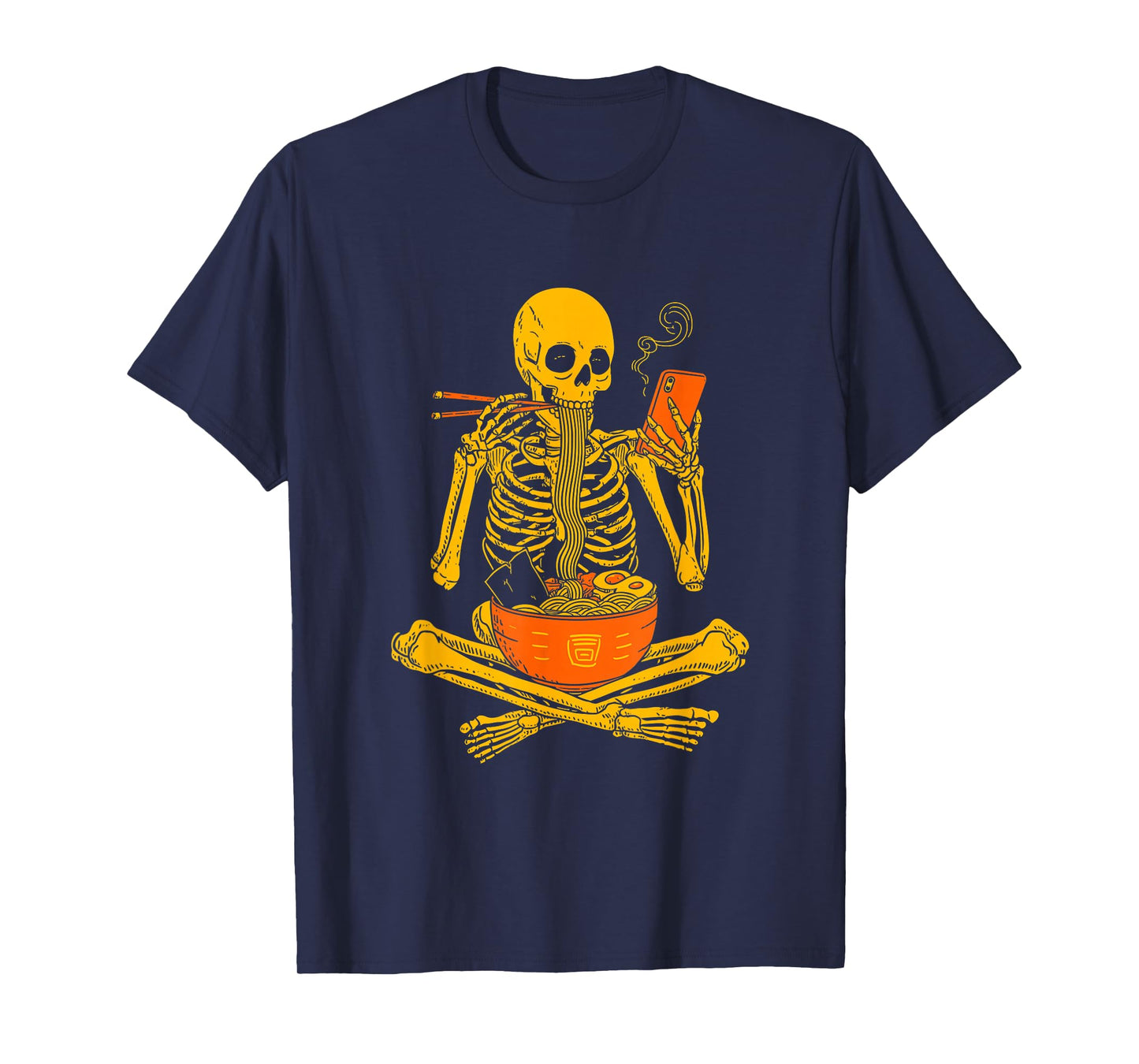 Funny Skeleton Eat Ramen Noodles Scroll Phone Halloween T-Shirt