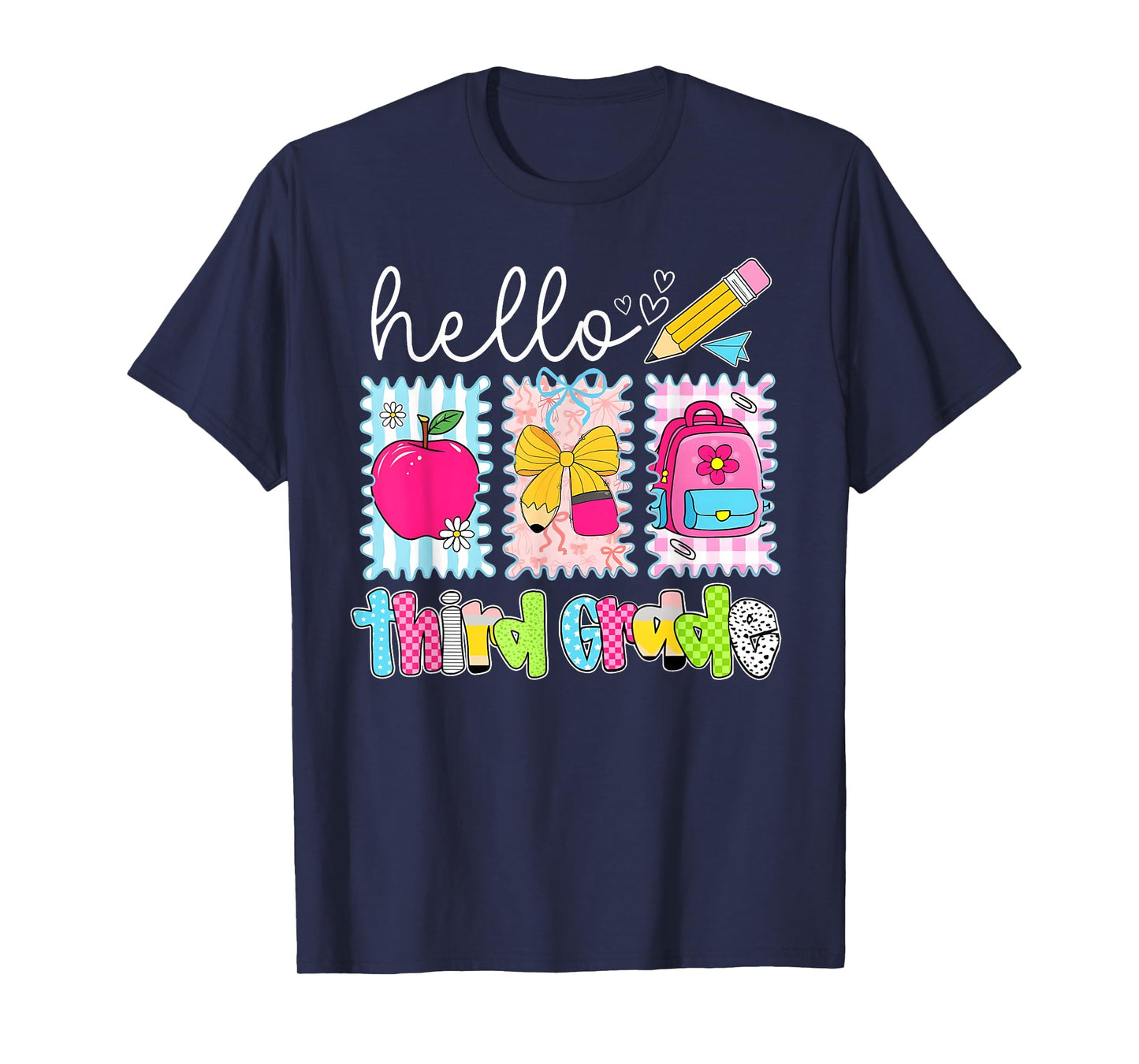 Back To School Hello Third Grade Teacher Coquette Pencil Bow T-Shirt