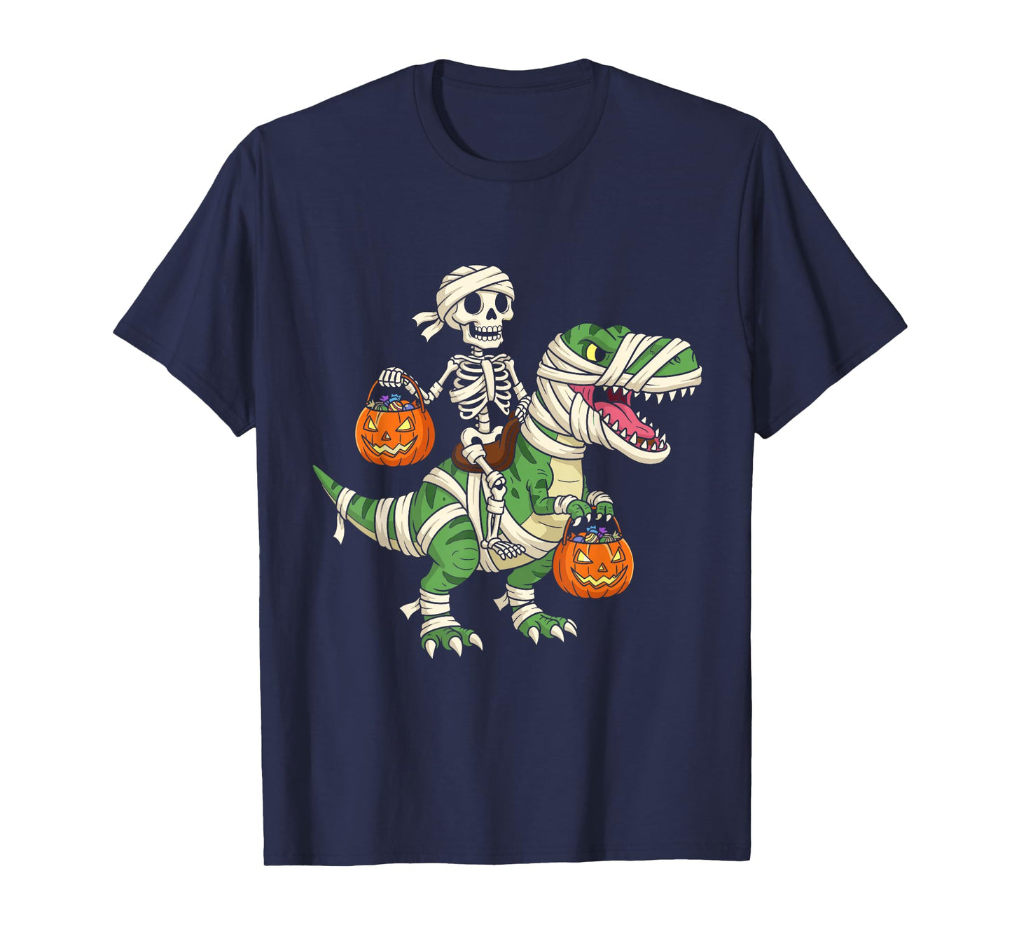Skeleton Riding Mummy Dinosaur T-Rex Funny Halloween Pumpkin T-Shirt