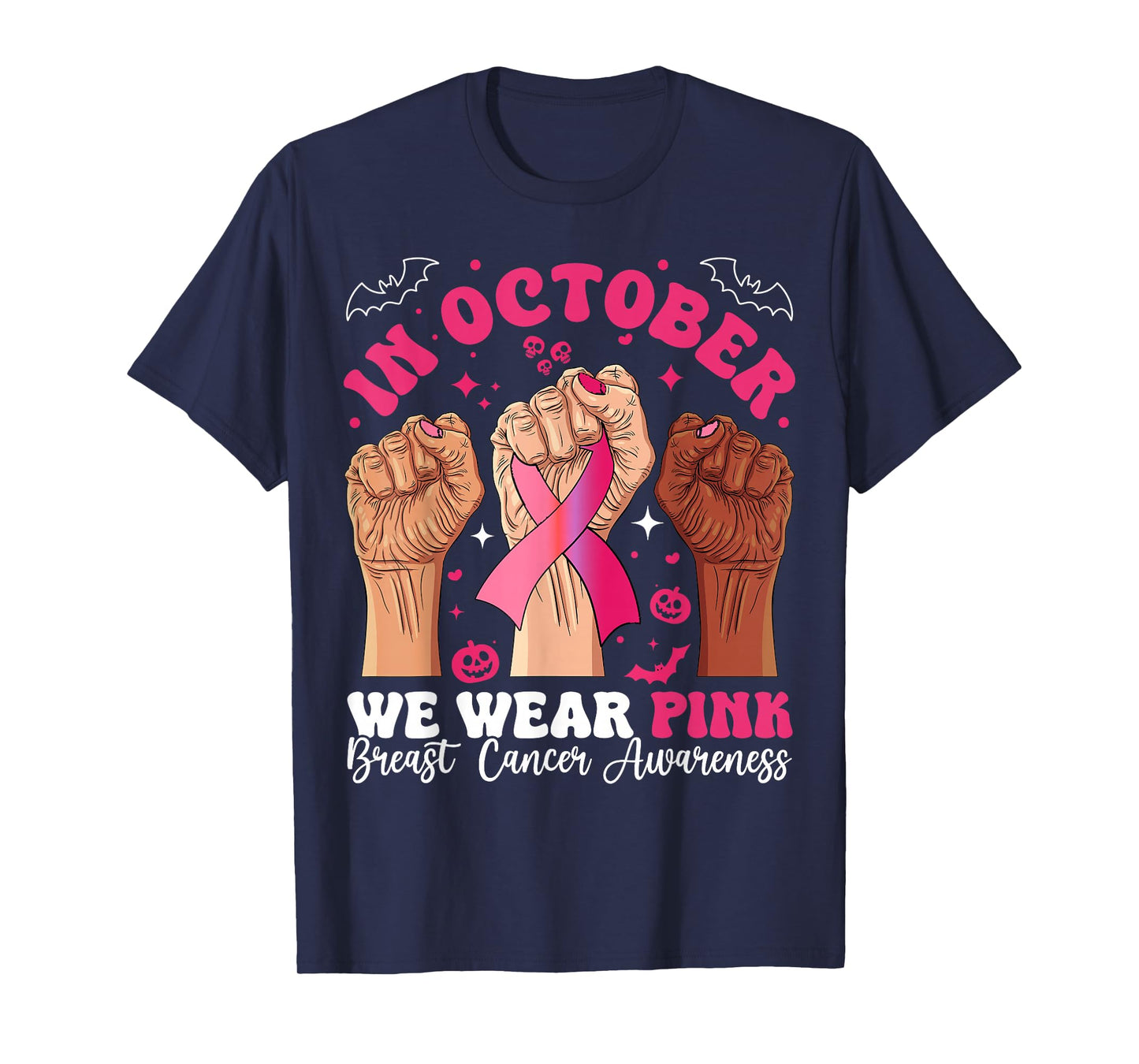 in October We Wear Pink Breast Cancer Awareness Halloween T-Shirt
