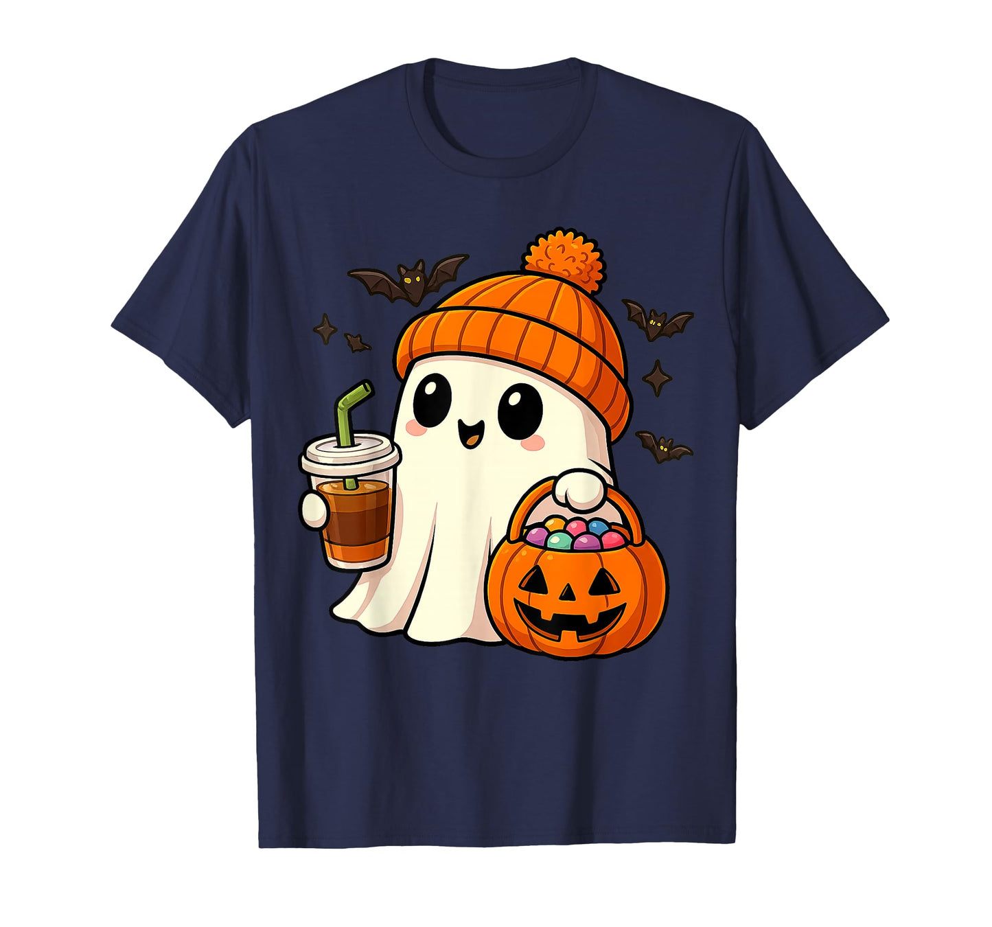 Halloween Costume Ghost Drinking Pumpkin Candy Women Girls T-Shirt