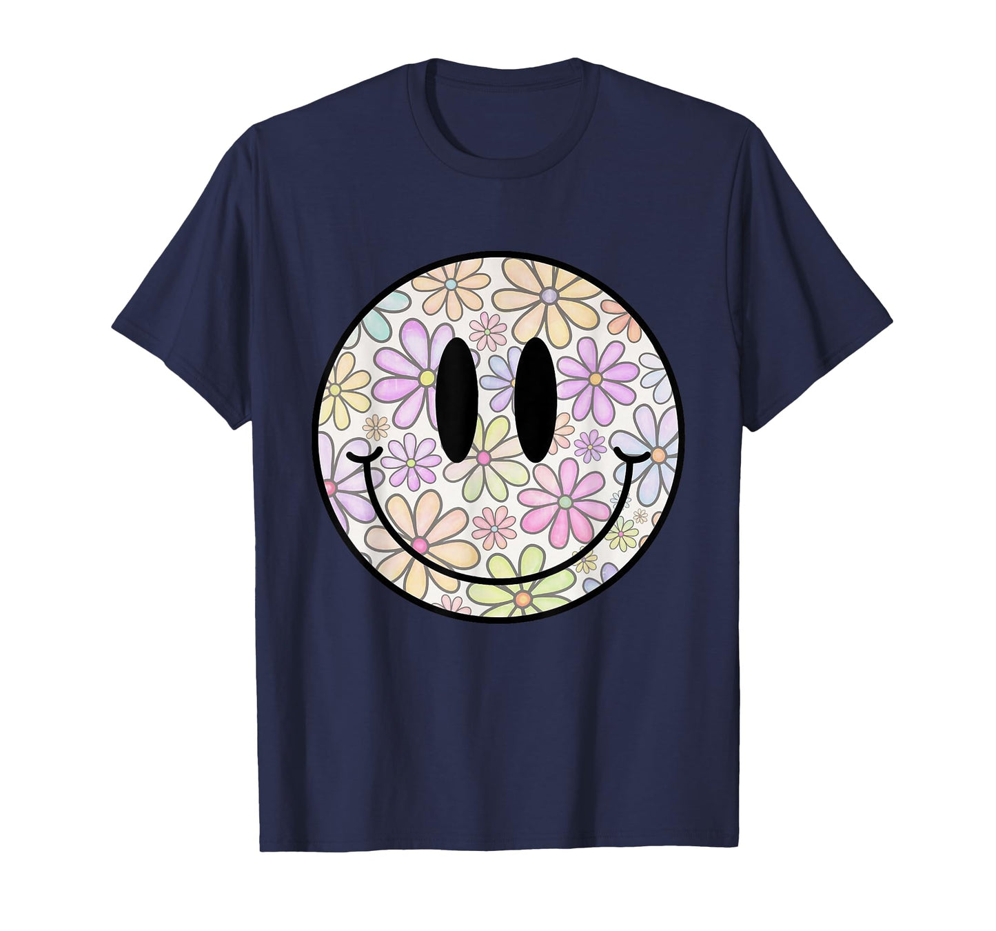 Retro Flower Happy Face Checkered Pattern Smile Face Trendy T-Shirt