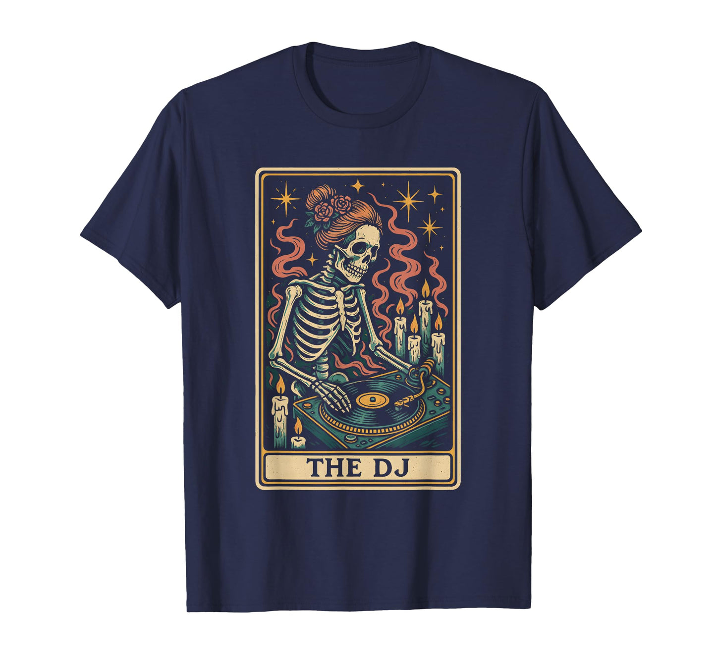 Skeleton DJ Tarot Card Surreal Vinyl Record Artwork T-Shirt